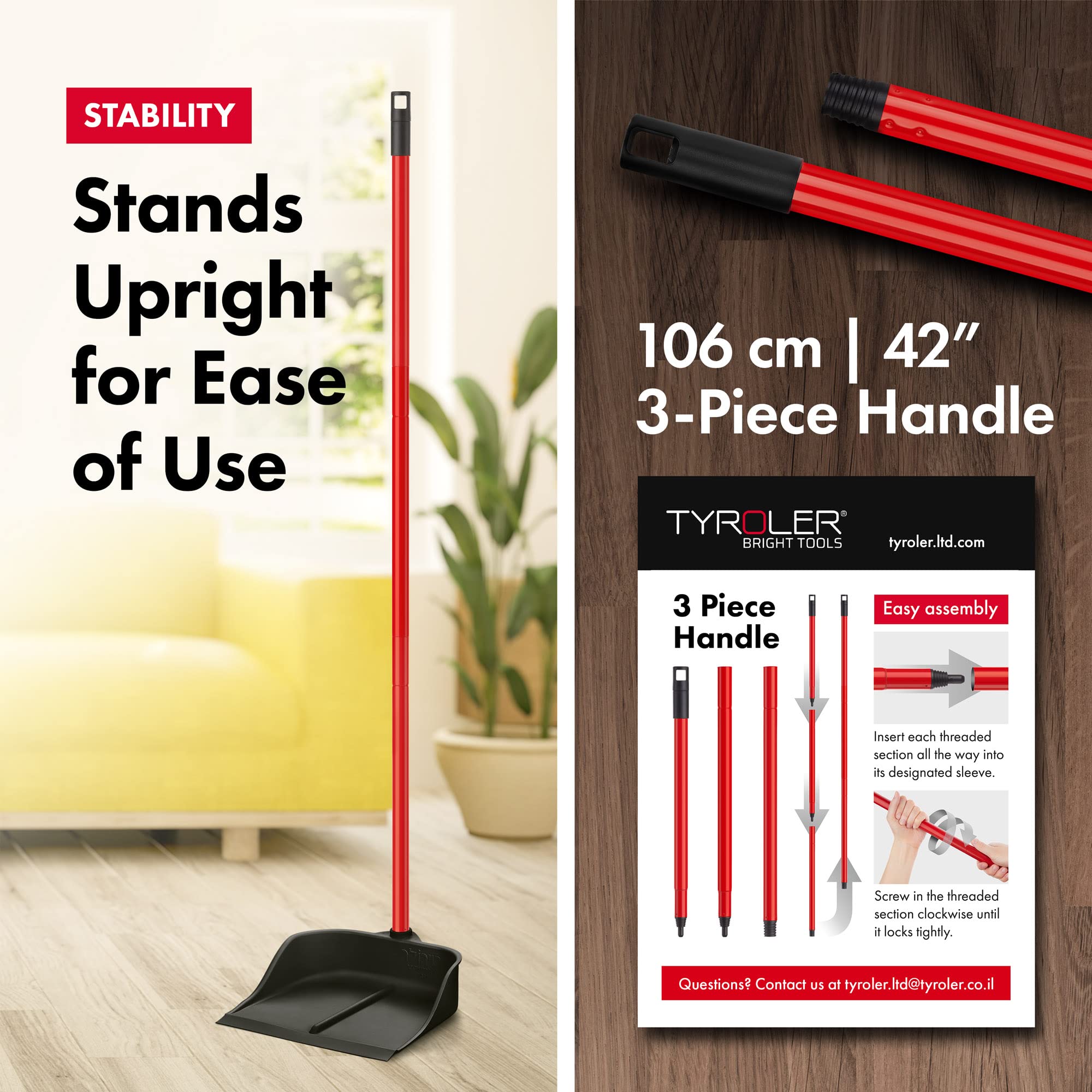 Tyroler Bright Tools Magic Dustpan with Handle - Solid 100% Natural Rubber Construction- New Aluminum Anti-Rust 105cm 3 Parts Long Handle Dust Pan- Stand Up Design- Accommodates Any Broom/Hand Brush