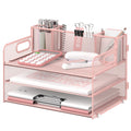 SUPEASY 3 Tier Desk Organizer with Handle & 3 Pen Holders, Mesh Paper/File Organizer for Desk, Paper Letter Tray Organizer for Office Supplies (Pink)