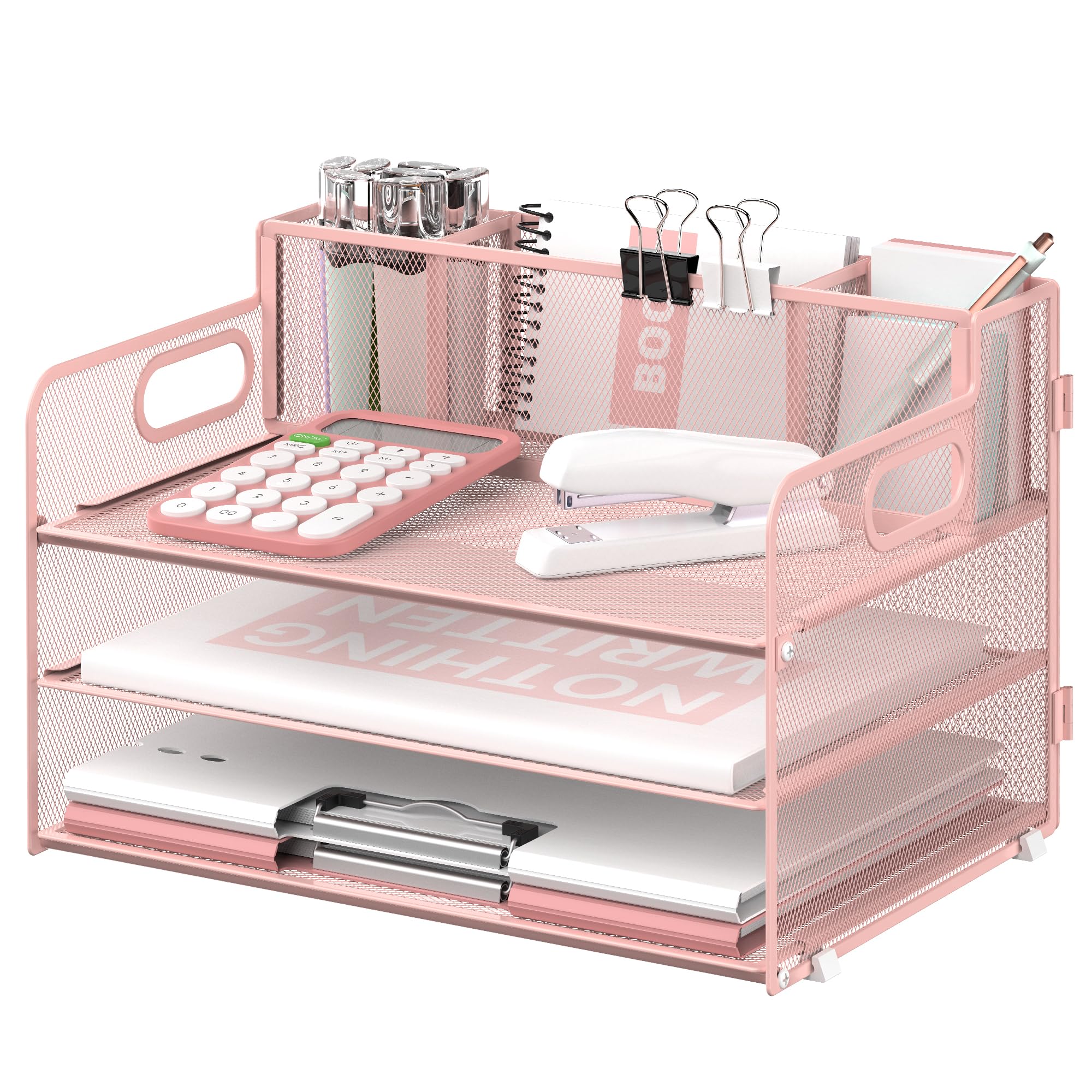 SUPEASY 3 Tier Desk Organizer with Handle & 3 Pen Holders, Mesh Paper/File Organizer for Desk, Paper Letter Tray Organizer for Office Supplies (Pink)