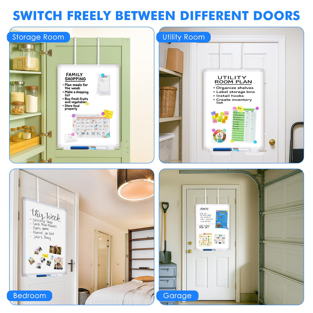 Magnetic Dry Erase Board for Doors, 24x18 Inch Whiteboard with Adjustable Long Arm Hook Mount - Easy to Install, Portable Hanging White Board for Home, Dorm Room, Office Cubicle & Small Spaces