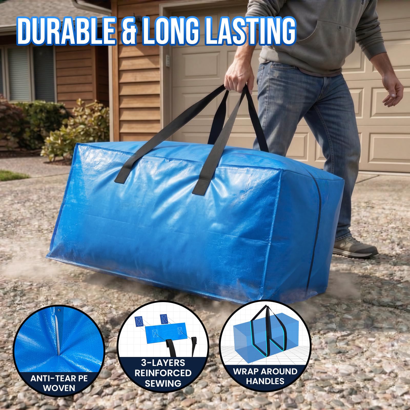 TAILI Heavy Duty Moving Bags, Cloth Storage Extra Large Tote Bag Container with Sturdy Zipper and Strong Handles, Blue, 4 Pack