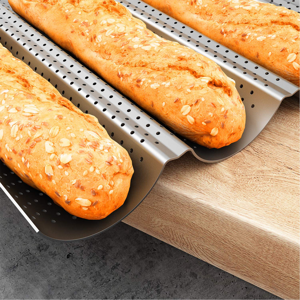 2 Pack Nonstick Perforated Baguette Pan 15" x 13" for French Bread Baking 4 Wave Loaves Loaf Bake Mold Toast Cooking Bakers Molding 4 Gutter Oven Toaster Pan (Sliver)