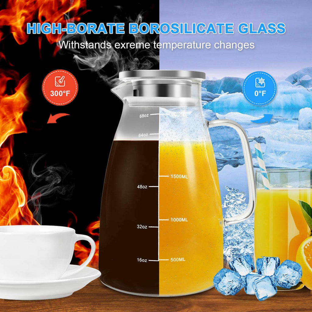 Water Pitcher, 2 L Glass Pitcher with Lid and Precise Scale Line, Stainless Steel Glass Jug, Easy Clean Heat Resistant Borosilicate Ice Tea Pitcher for Coffee, Milk, Juice, Cold or Hot Beverages
