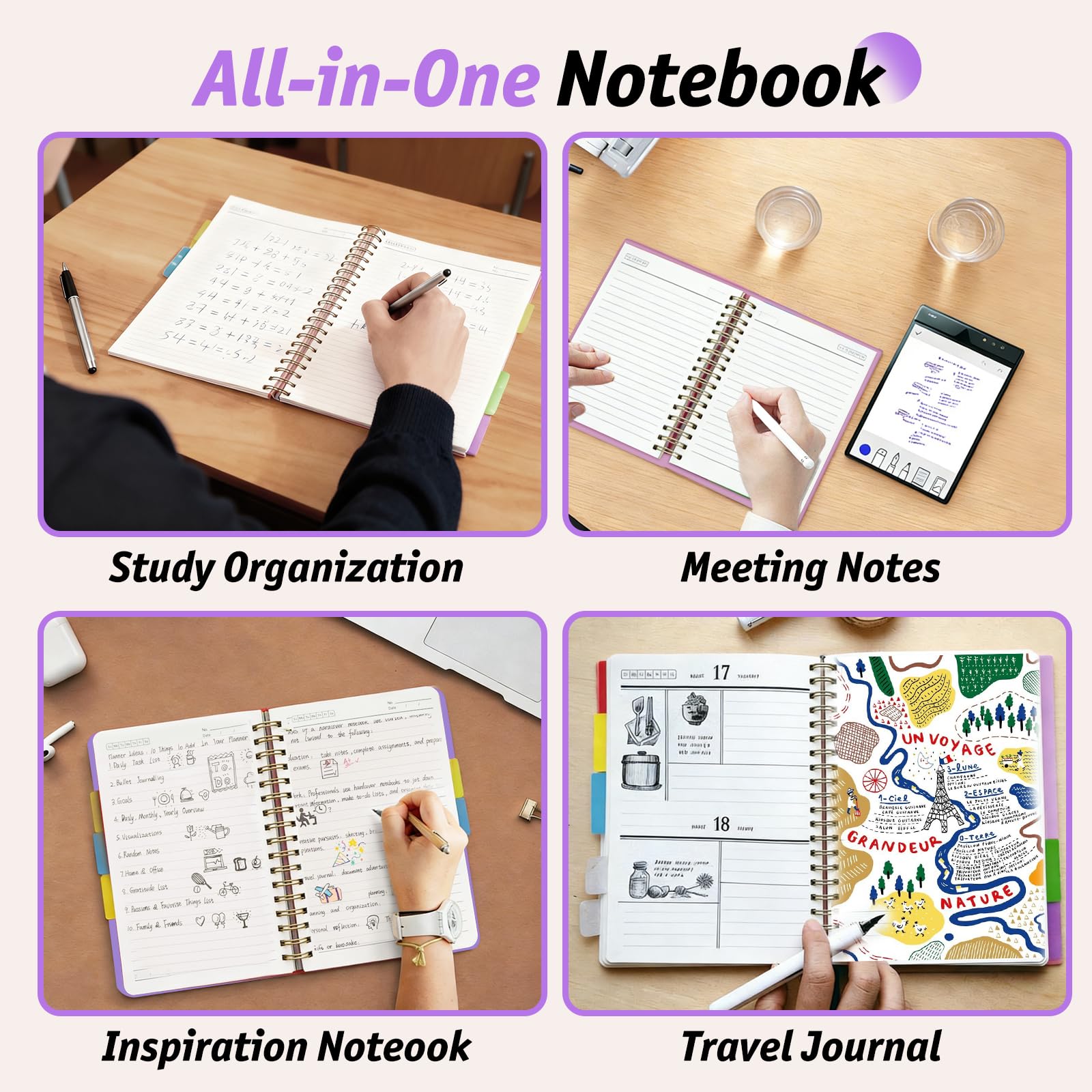 360 Pages A5 Spiral Notebook, 5 Subject Notebooks College Ruled, 100 GSM Thick Paper Lined Journal, Large Note Book with Removable Dividers for School, Office, Work and Writing (Purple)