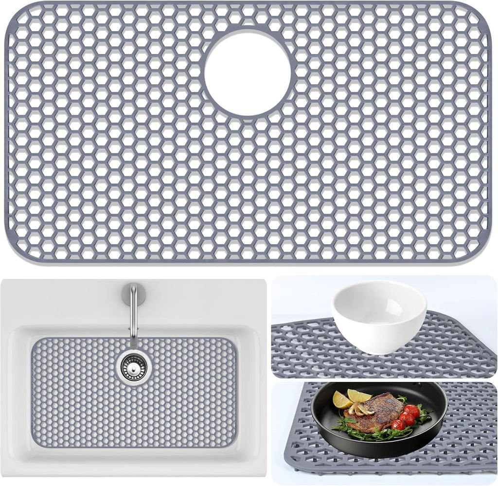 Inchoco Sink Protectors for Kitchen Sink Mat - 25.79"x13.98" Silicone Kitchen Sink Protector Mat for Protection of Stainless Steel Sink and Tableware, Farmhouse Sink Protector with Rear Drain (Grey)