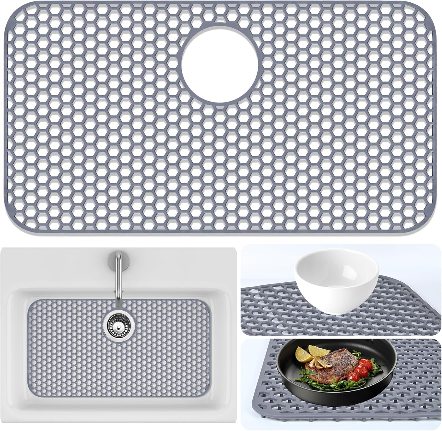 Inchoco Sink Protectors for Kitchen Sink Mat - 25.79"x13.98" Silicone Kitchen Sink Protector Mat for Protection of Stainless Steel Sink and Tableware, Farmhouse Sink Protector with Rear Drain (Grey)