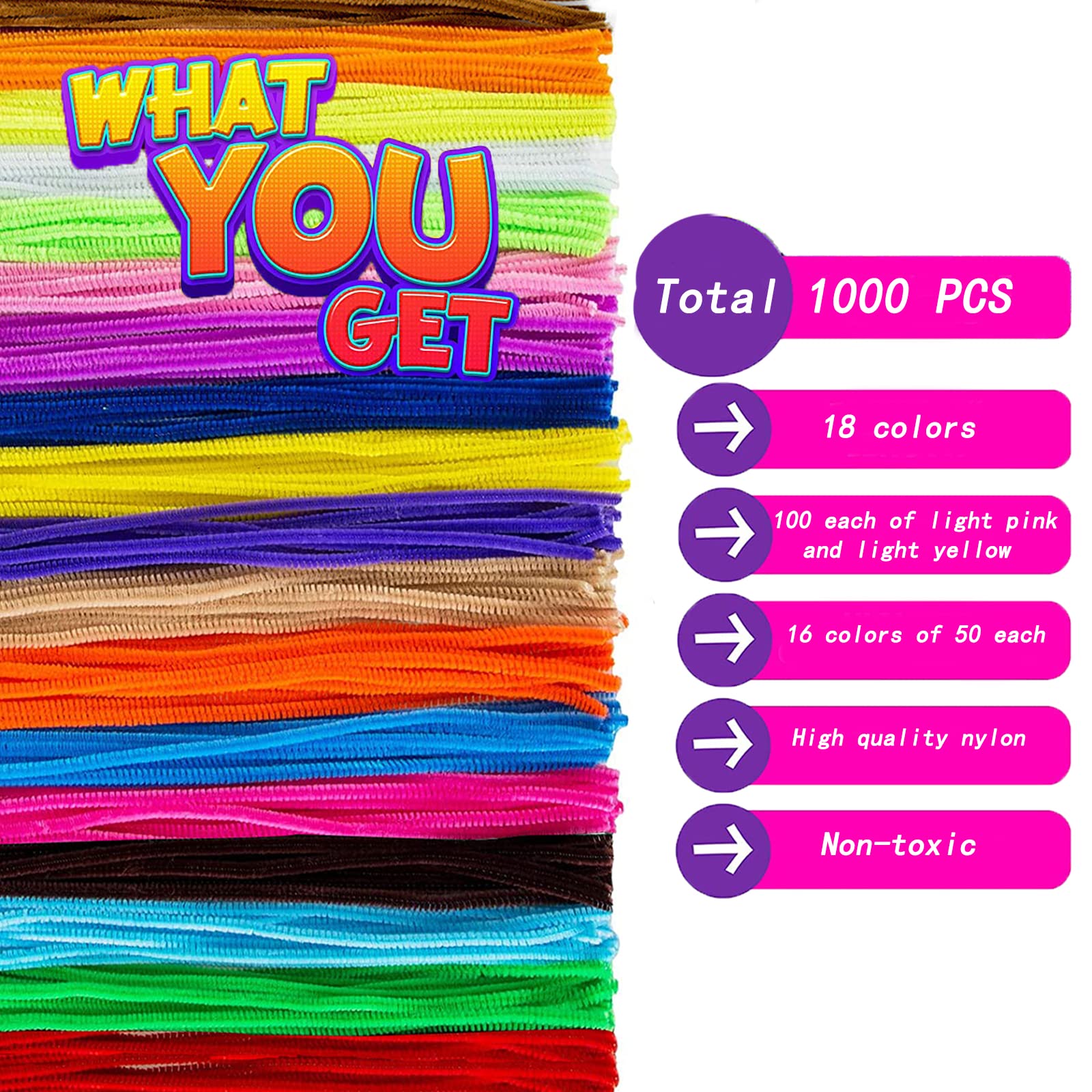 1000 Pcs Pipe Cleaners,Value Pack of 18 Assorted Colors Chenille Stems, Chenille Cleaners for Mother's Day DIY Art Craft Decorations (6 mm x 12 inch)