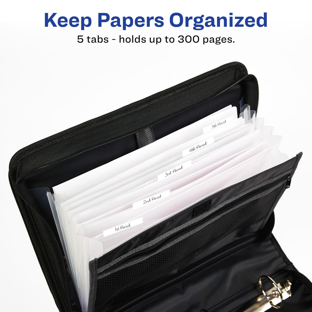 Avery 2" Inch Zipper Binder, 3 Round Rings, Durable Messenger Nylon Zipper Black Binder, Tablet Holder, 6-Pockets with 5 Tab Dividers, Carry-All Storage Binder (26051)
