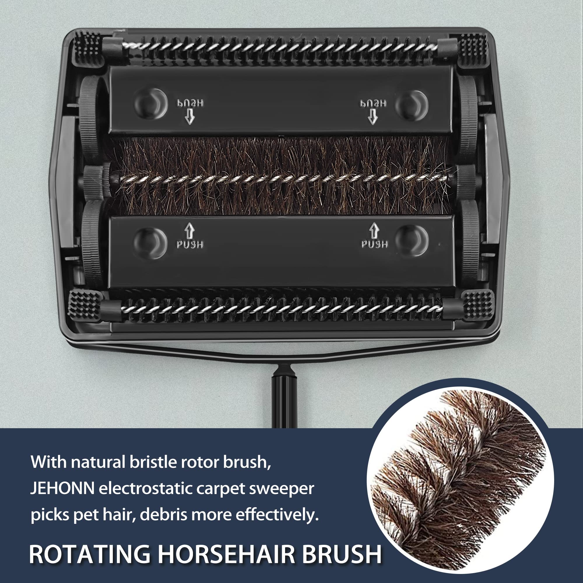 JEHONN Carpet Floor Sweeper Manual with Horsehair, Non Electric Quite Rug Roller Brush Push for Cleaning Pet Hair, Loose Debris, Lint (Black)