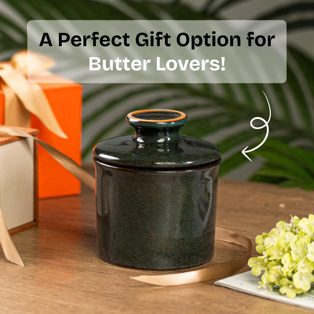 Teapeak Pottery Butter Keeper Crock - Ceramic Butter Dish with Water Line for Countertop, Keep Butter Fresh (Greenish Brwon)