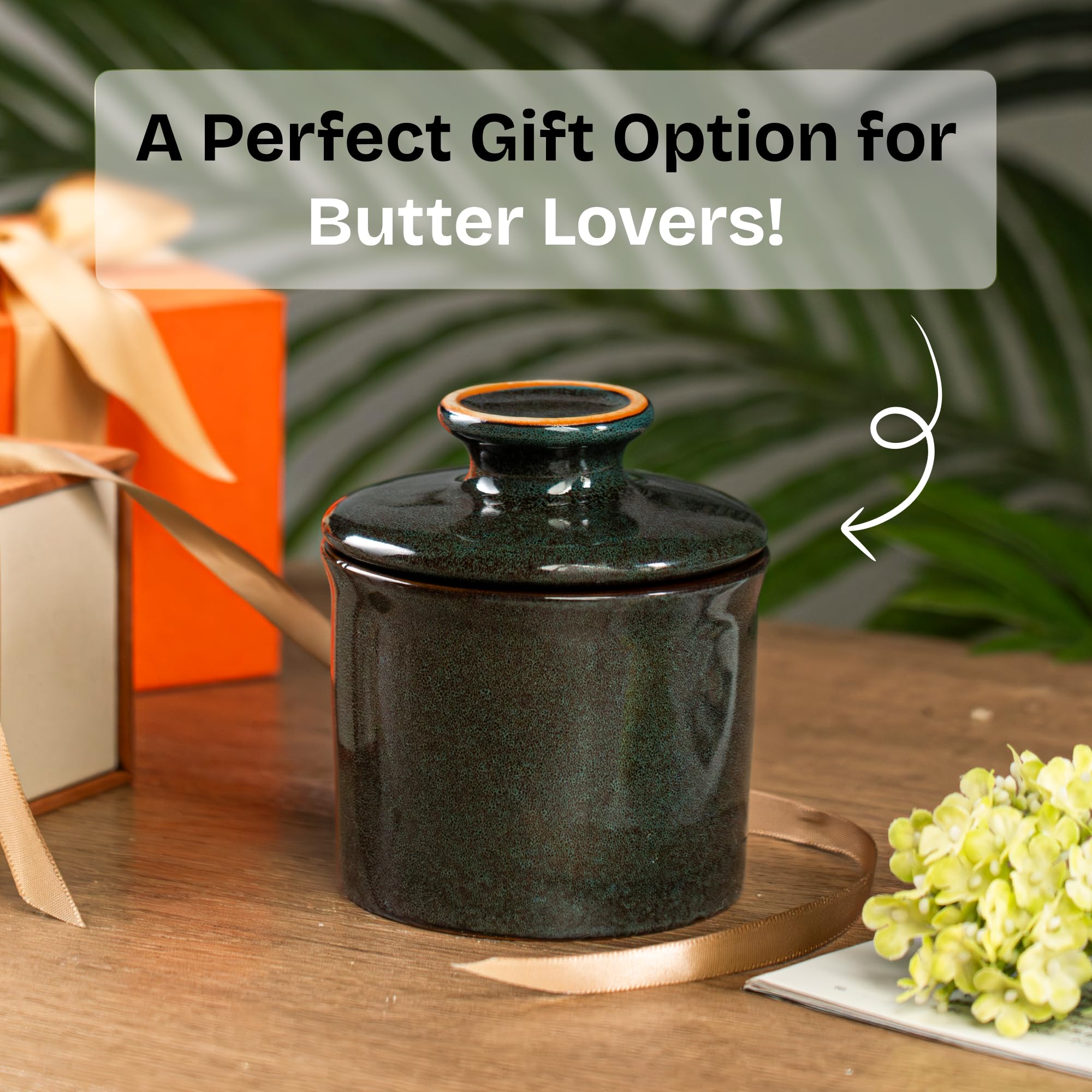 Teapeak Pottery Butter Keeper Crock - Ceramic Butter Dish with Water Line for Countertop, Keep Butter Fresh (Greenish Brwon)