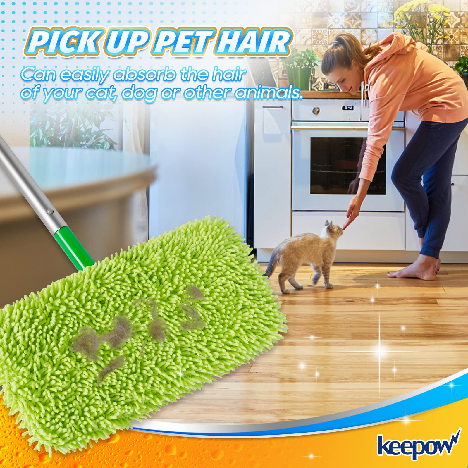 KEEPOW Reusable Microfiber Mop Pads Compatible with Swiffer Sweeper Mop, Dry Sweeping Cloths, Washable Wet Mopping Cloth Refills for Surface/Hardwood Floor Cleaning, 4 Pack (Mop is Not Included)