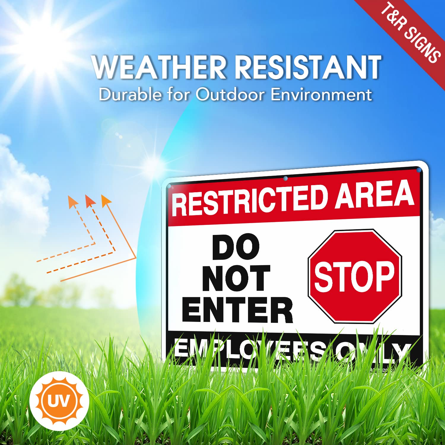 T&R Large Restricted Area Do Not Enter Employees Only Sign - 2 Pack - 14 x 10 Inches Rust Free .040 Aluminum - UV Protected, Waterproof, Weatherproof and Fade Resistant - 6 Pre-drilled Holes
