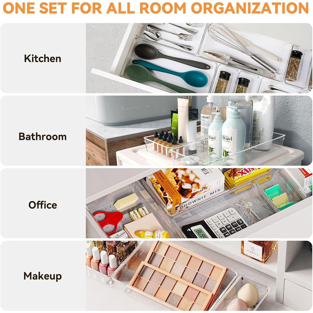 6 Pack Large Clear Plastic Drawer Organizer Trays, Acrylic Kitchen Drawer Organization and Storage Dividers, Non-Slip Storage Bins for Makeup, Kitchen Utensils, Bathroom, Jewelries and Office Desk