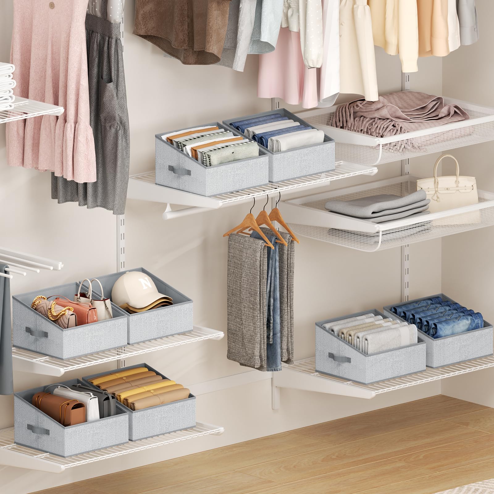 DIMJ Closet Storage Bins Shelves - 6 Pack Foldable Storage Box Trapezoid Closet Cube Organizer, Clothing Containers Basket Organization for Towel, DVD, Dorm - Ant Grey
