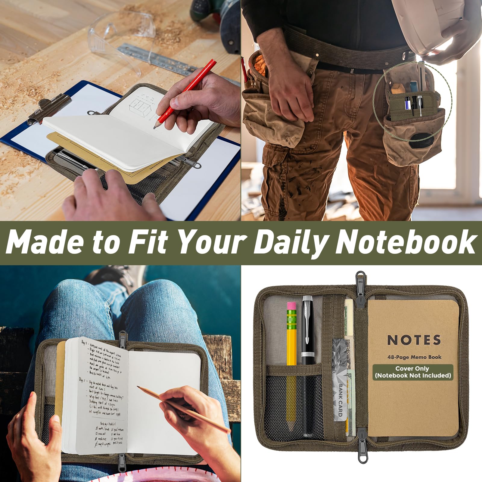 WIKSRY Journal Cover for Field Notes & Moleskine Cahier with YKK Zipper, 3.5"x5.5" Waxed Canvas Notebook Cover with Pen Holder, Water Resistant Travel Planner Cover for Daily Use (Olive)