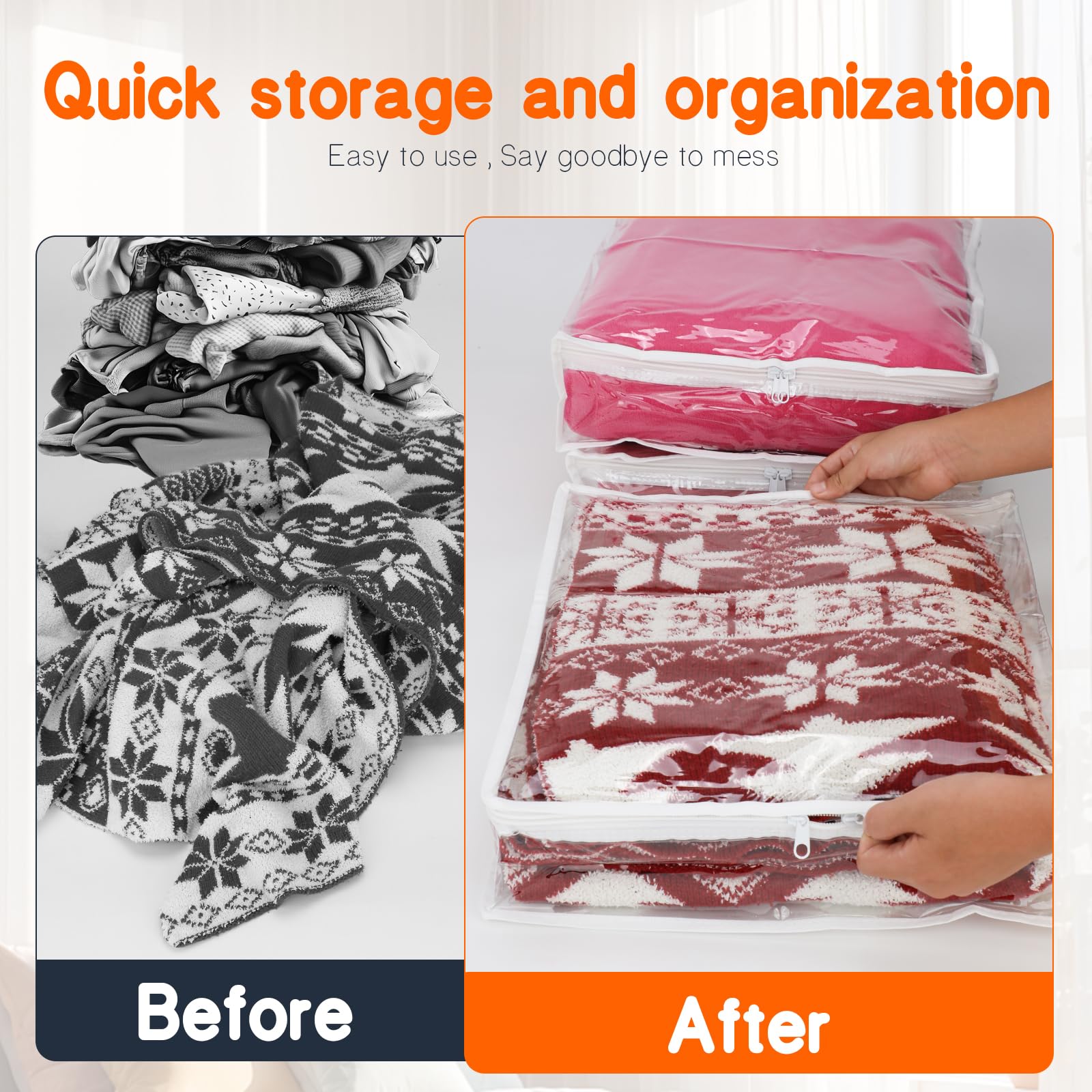 Clear Zippered Storage Bags Plastic Sweater Storage Bags with Zipper 6 Packs Clothing Organizer for Blankets Linen Sweater Bed Sheet Quilt Clothes Pillow (White, 15.7 x 13.8 x 3.9 Inch)