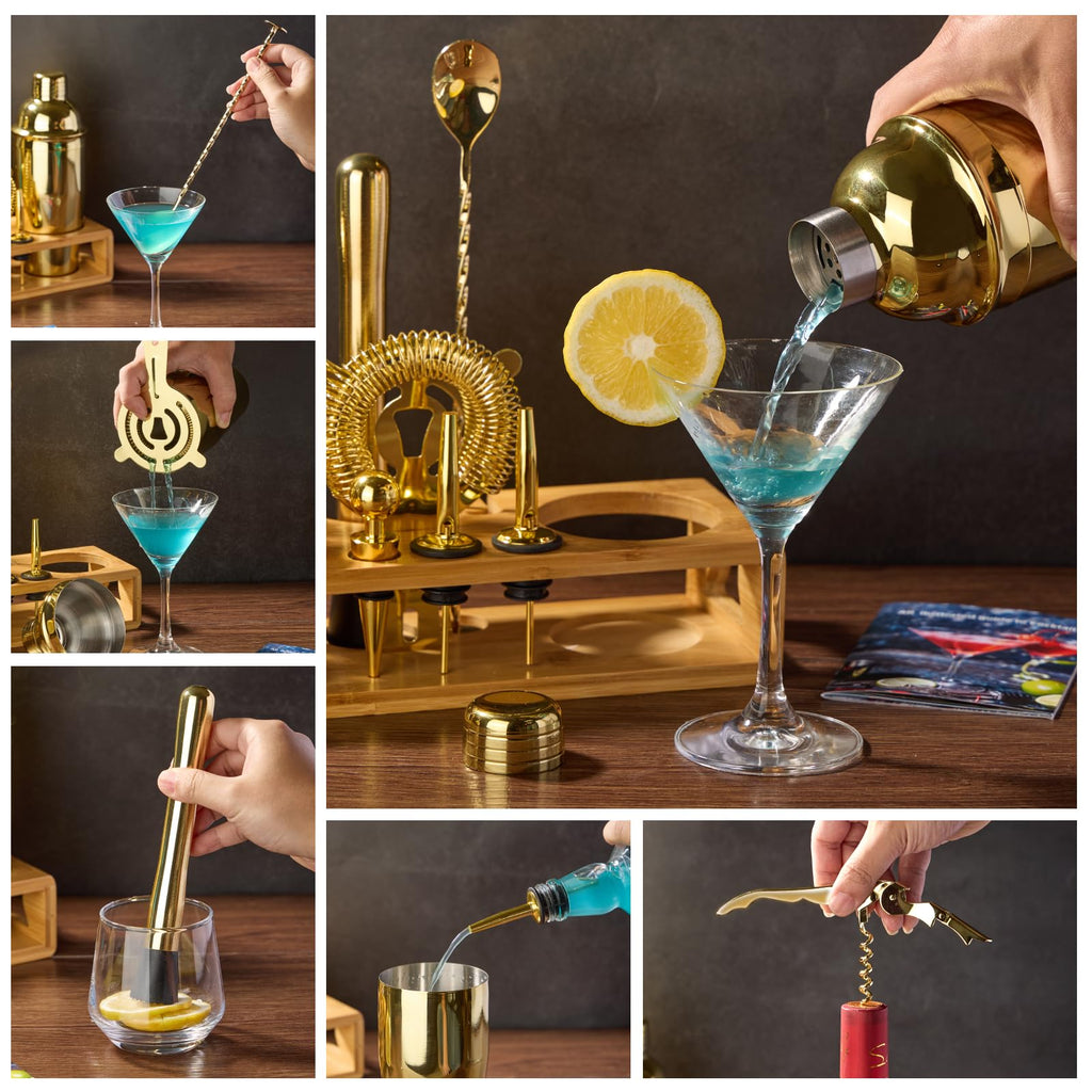 Cocktail Shaker Set Bartender Kit : 12-Piece Bar Tool Set with Bamboo Stand | Bar Set with All Practical Bar Accessories, for Drink Mixing, Bar, Home, Lounge & Party (Gold)