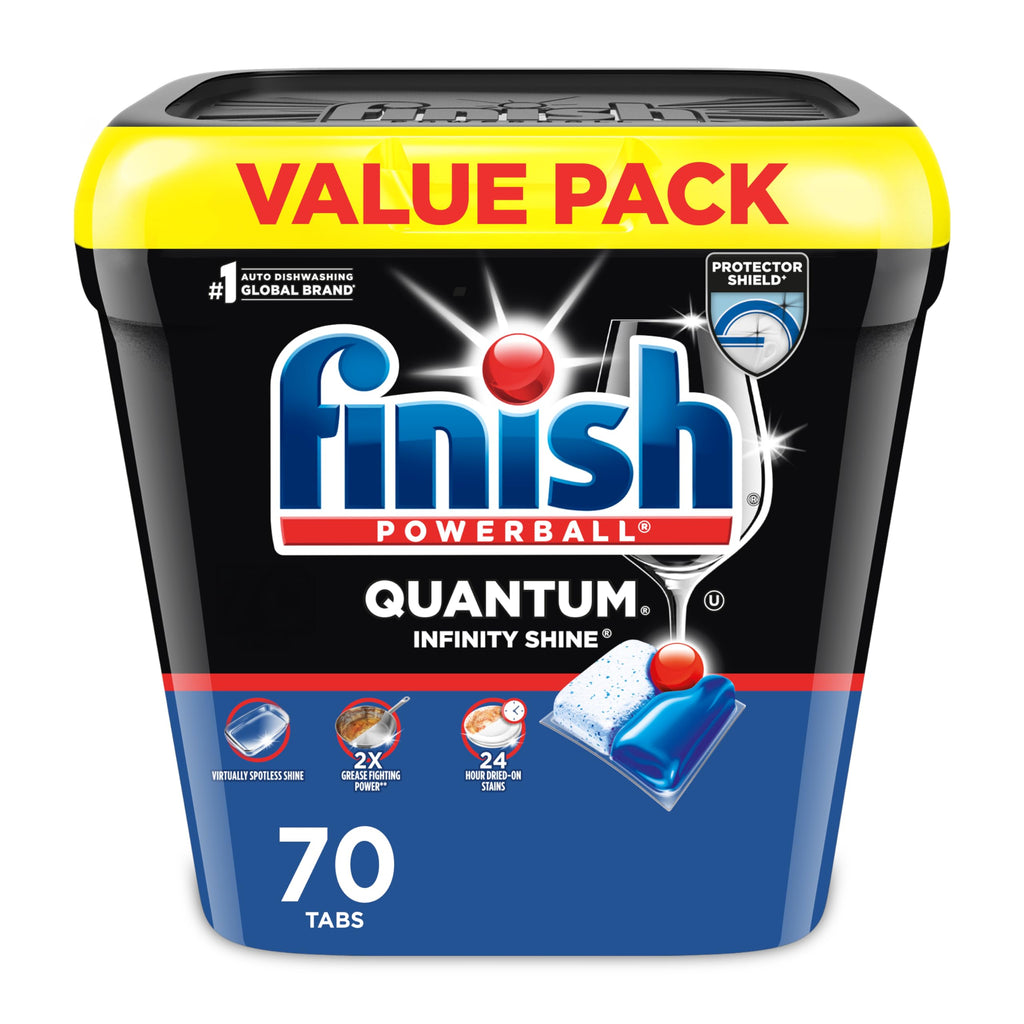 Finish® Quantum® Infinity Shine® Dishwasher Detergent Pods, 3 Chamber Formula with PowerBall, 2X Grease Fighting*, 24H Dried-On Stains, Shine Protection, No Pre-Rinse, 70 Tabs