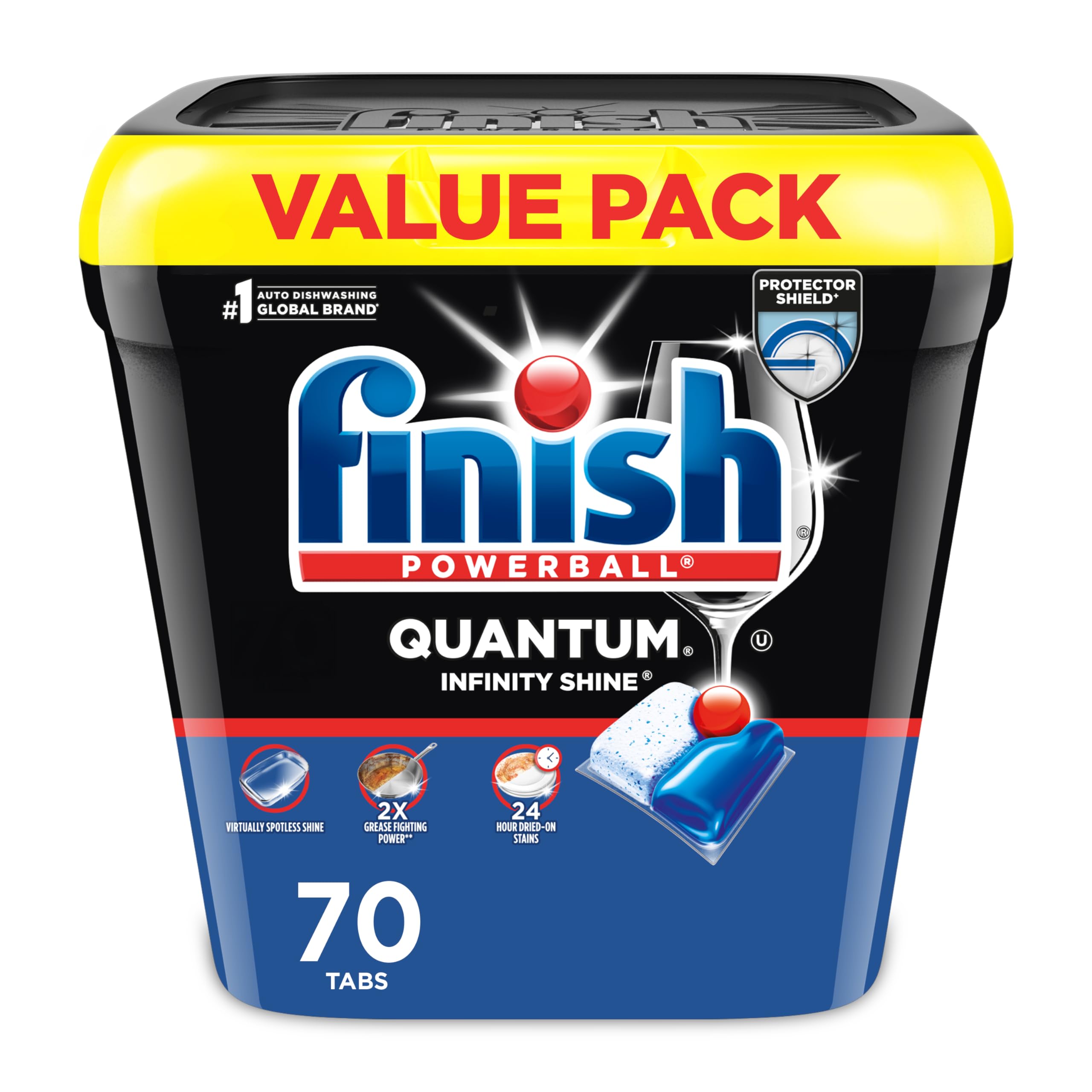 Finish® Quantum® Infinity Shine® Dishwasher Detergent Pods, 3 Chamber Formula with PowerBall, 2X Grease Fighting*, 24H Dried-On Stains, Shine Protection, No Pre-Rinse, 70 Tabs