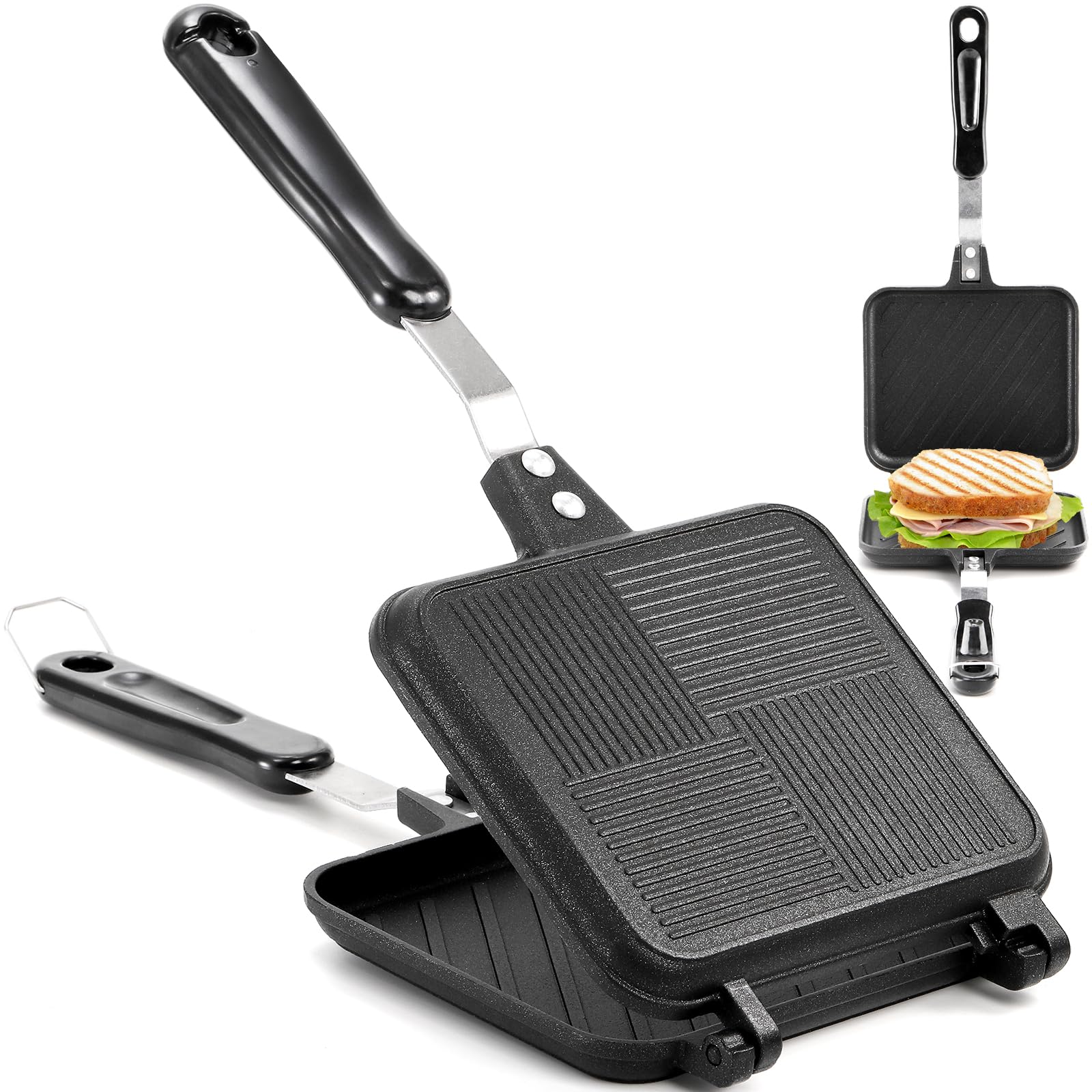 Elsjoy Grilled Cheese Sandwiches Maker, Non-Stick Toasted Sandwich Press with Handle, Stovetop Aluminum Flip Panini Maker Pan for Breakfast, Camping, Home, Kitchen