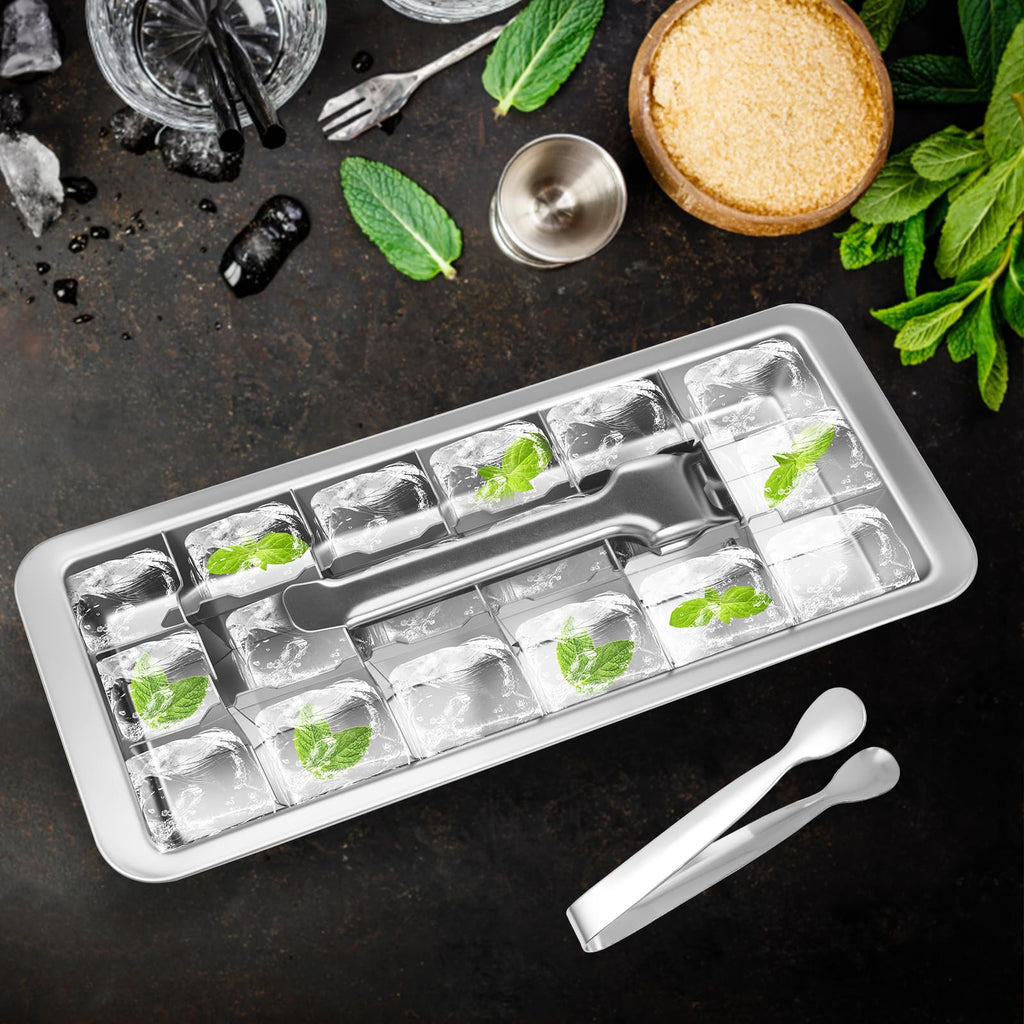Stainless Steel 18 Slots Ice Tray with Lever, Vintage Style Ice Cube Tray with Clamp, Dishwasher Safe Metal Ice Cubes Mold for Home Kitchen Bar Use