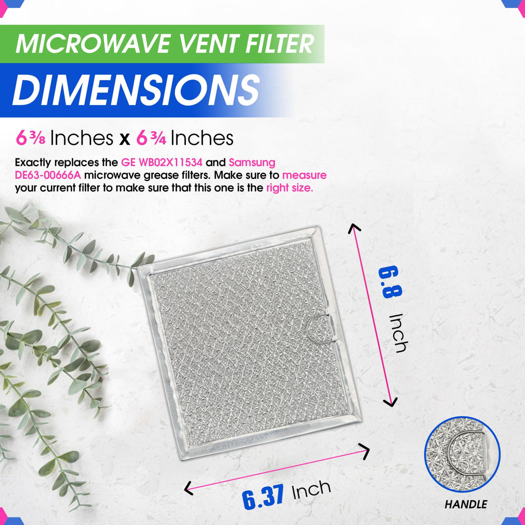 Microwave Filter replacement 6.81" x 6.34" Fits GE WB02X11534 Samsung DE63-00666A Microwave Grease Filter - Freshens and Filters Kitchen Air Entering the Over-the-Range Oven Stove Fan (2-Pack)
