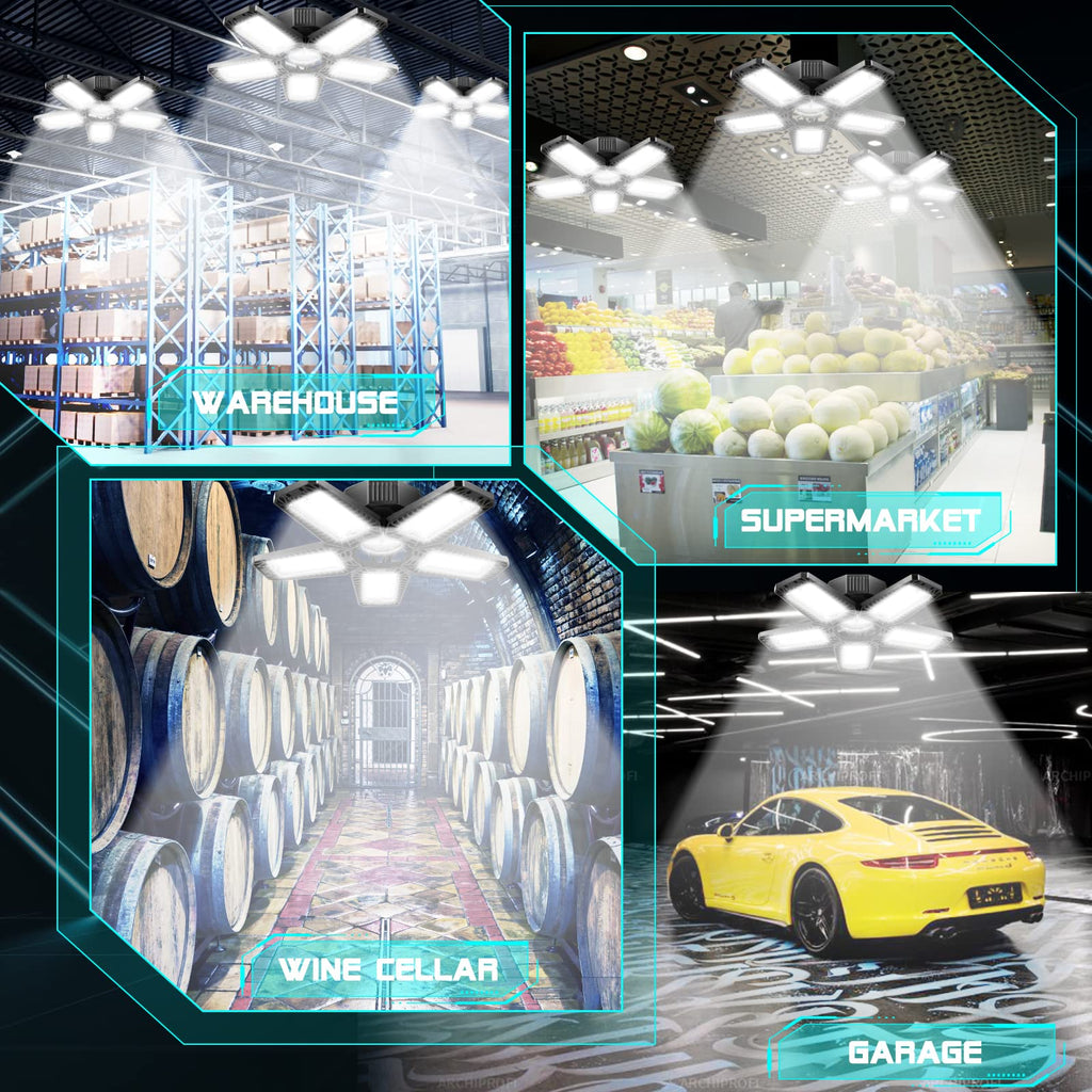 YIBEYYDS LED Garage Light - 160W 16000LM 6500K LED Garage Ceiling Lights, Screw in Shop Lighting 5+1 Deformable Panels for Attic, Basement, Workshop, E26/E27 (1)