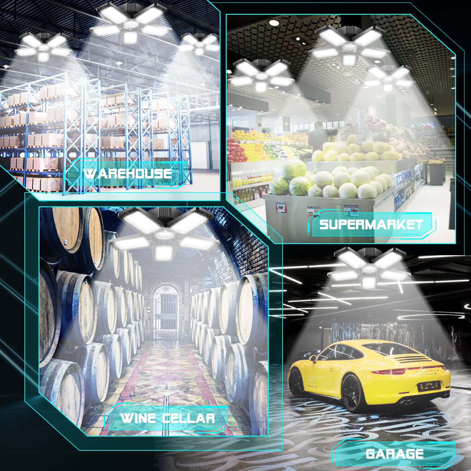 YIBEYYDS LED Garage Light - 160W 16000LM 6500K LED Garage Ceiling Lights, Screw in Shop Lighting 5+1 Deformable Panels for Attic, Basement, Workshop, E26/E27 (1)