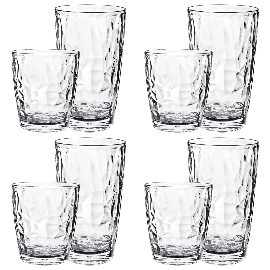 Plastic Water Tumblers | Set of 8 Transparent Unbreakable Drinking Glasses Clear Acrylic Reusable Juice Wine Cups |4 Each: 12-Ounce and 16-Ounce for Home Picnic Party, Dishwasher Safe, Stackable