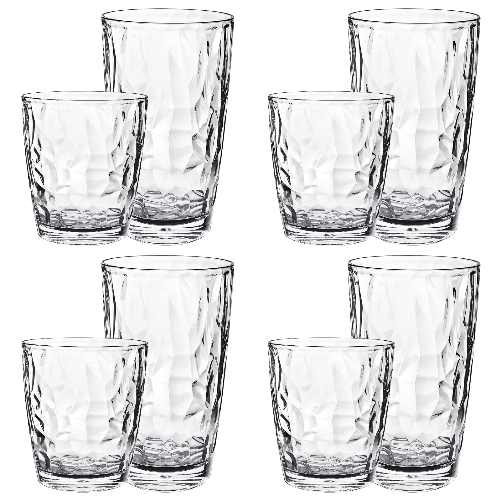 Plastic Water Tumblers | Set of 8 Transparent Unbreakable Drinking Glasses Clear Acrylic Reusable Juice Wine Cups |4 Each: 12-Ounce and 16-Ounce for Home Picnic Party, Dishwasher Safe, Stackable