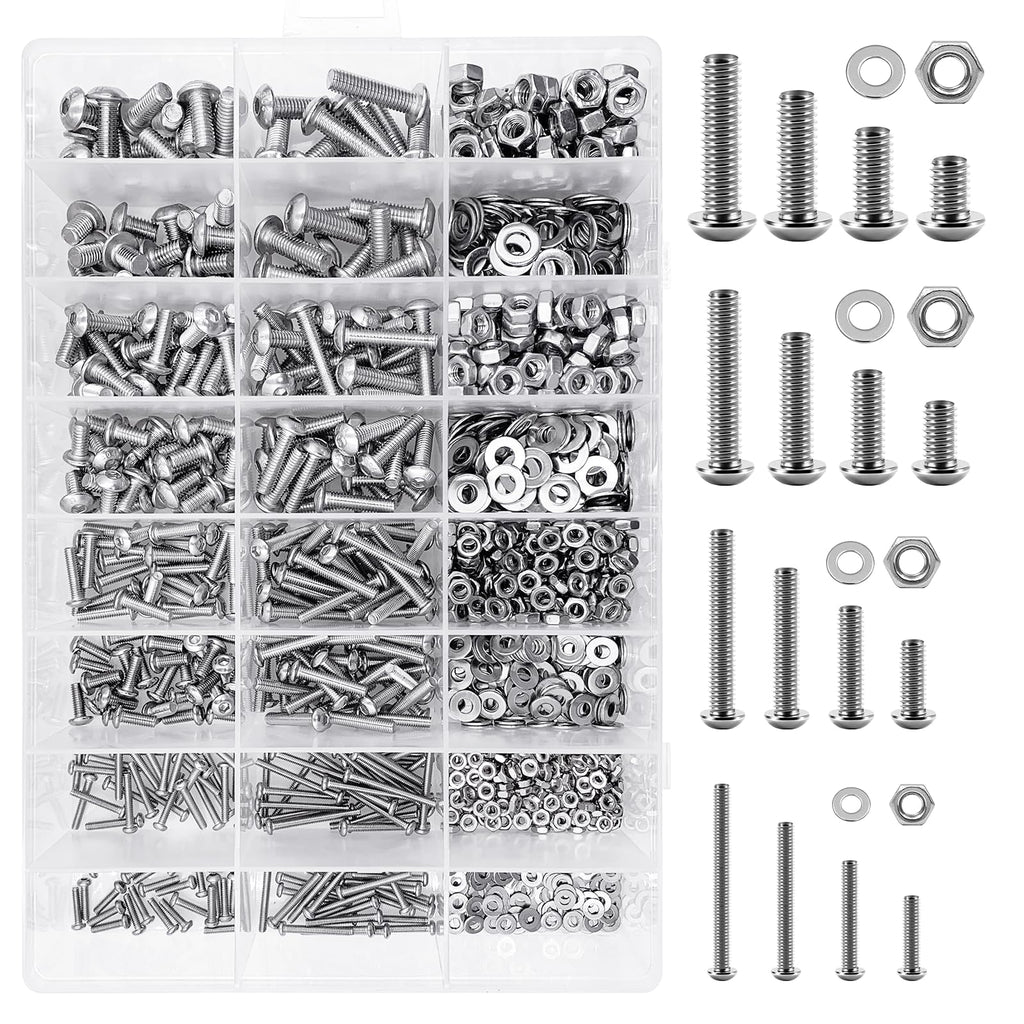 Mywish 1290 Pieces M2 M3 M4 M5 Screw Nuts and Bolts Assortment Kit, Metric Screws 304 Stainless Steel Button Head Socket Cap Metric Screw Assortment with Flat Washers/Nuts/Hex Wrenches 16 Sizes