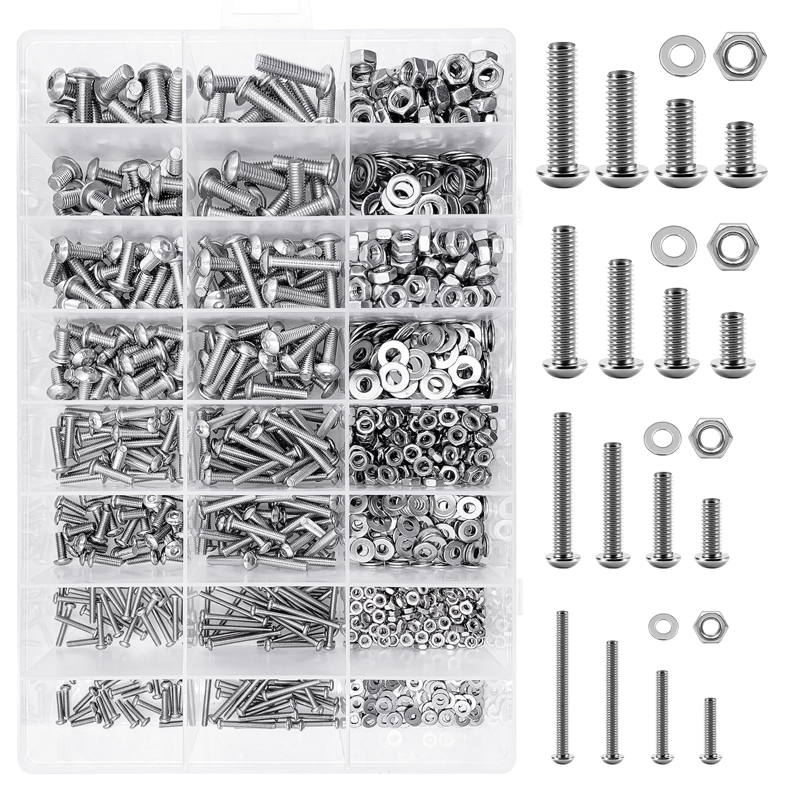 Mywish 1290 Pieces M2 M3 M4 M5 Screw Nuts and Bolts Assortment Kit, Metric Screws 304 Stainless Steel Button Head Socket Cap Metric Screw Assortment with Flat Washers/Nuts/Hex Wrenches 16 Sizes