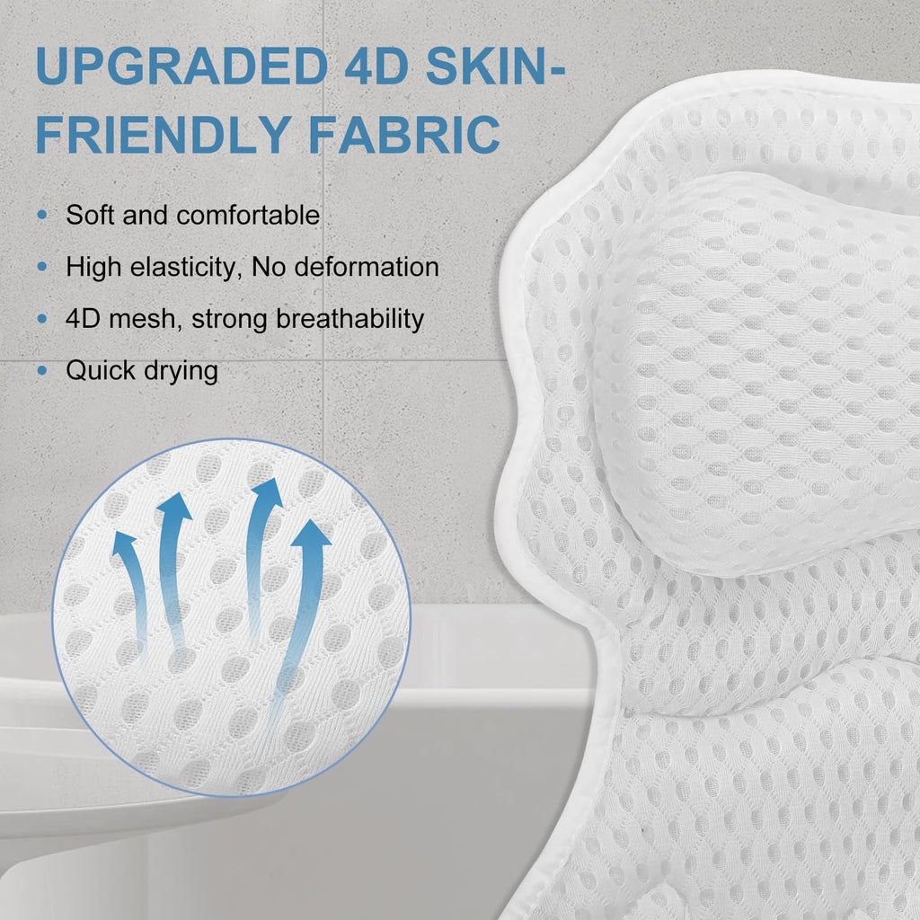 SetSail Bath Pillow, Relaxing Bath Pillows for Tub Neck and Back Support Soft 4D Breathable Air Mesh Ergonomic Bathtub Pillow with 6 Strong Suction Cups and Hook Luxury Bathroom Accessories,White