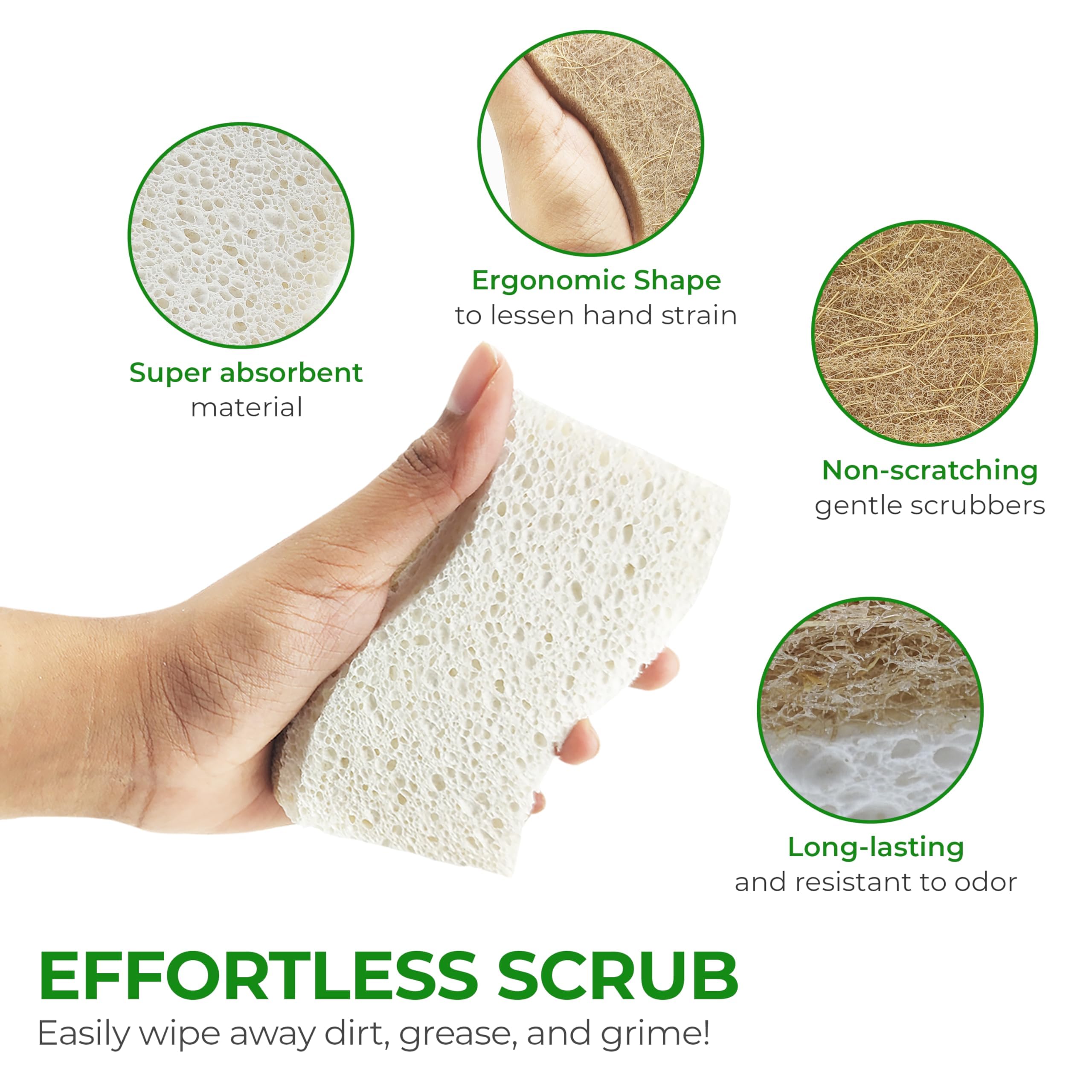AIRNEX 12 Pack Biodegradable Natural Kitchen Sponges - Eco Friendly Cellulose and Coconut Dish Scrubbers - Non Scratch, Odourless Dual Sided Multipurpose Sponges