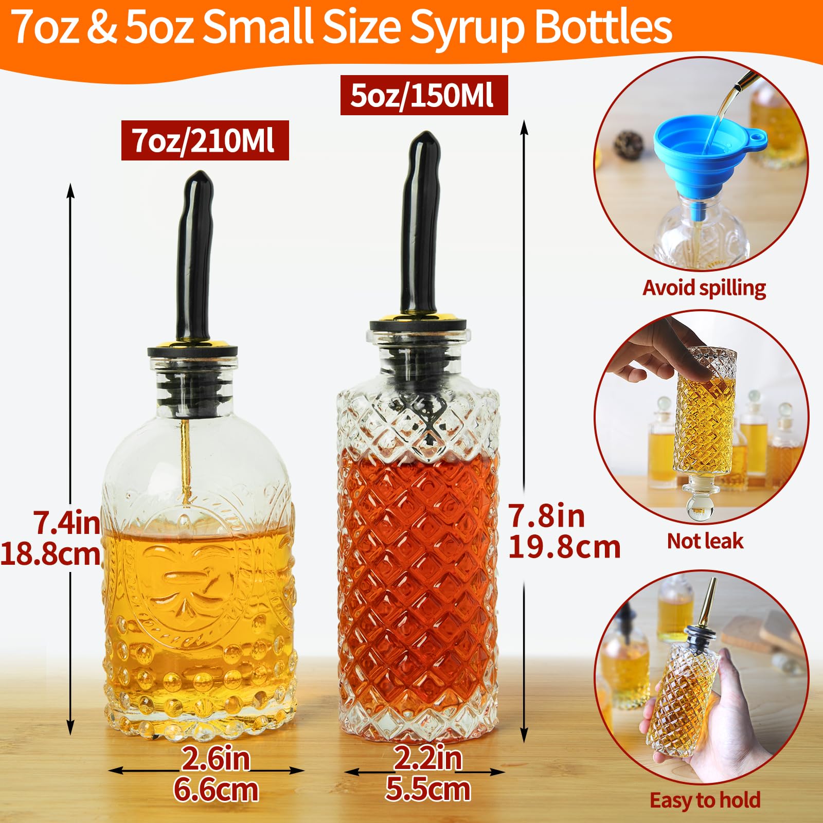 INFTYLE Coffee Syrup Dispenser Olive Oil and Vinegar Glass Bottle Set of 6 Ideal for Kitchen, Coffee Bar, Clear Simple Small Syrup Bottles, with Leak-Proof Lids, Pour Spout, Glass Stopper