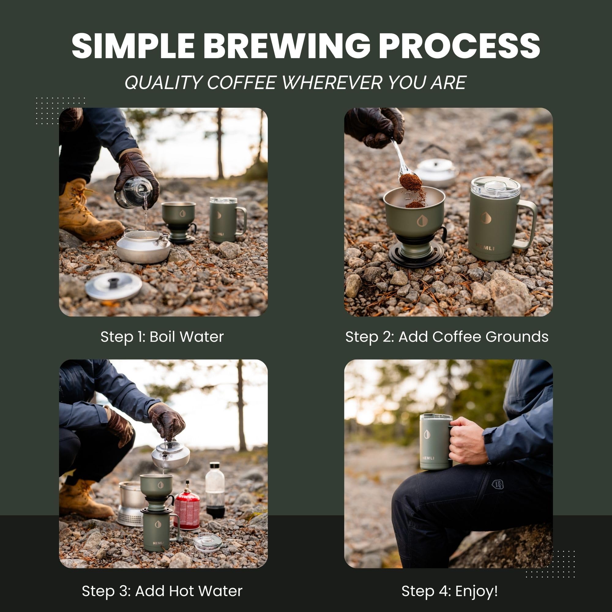Hemli Pour Over Camp Coffee Maker Set– Vacuum Insulated Mug with Leakproof Lid, Stainless Steel Micro Filter, Scratch-Resistant Finish, Portable Coffee Maker for Camping, Travel & Outdoor Adventures