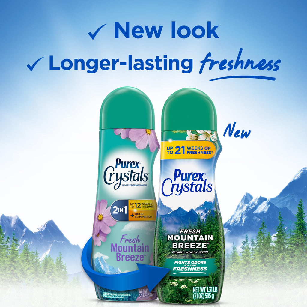 Purex Crystals In-Wash Scent Booster, Fresh Mountain Breeze, 21 oz (Pack of 4), Long-Lasting Freshness & Odor Elimination Technology