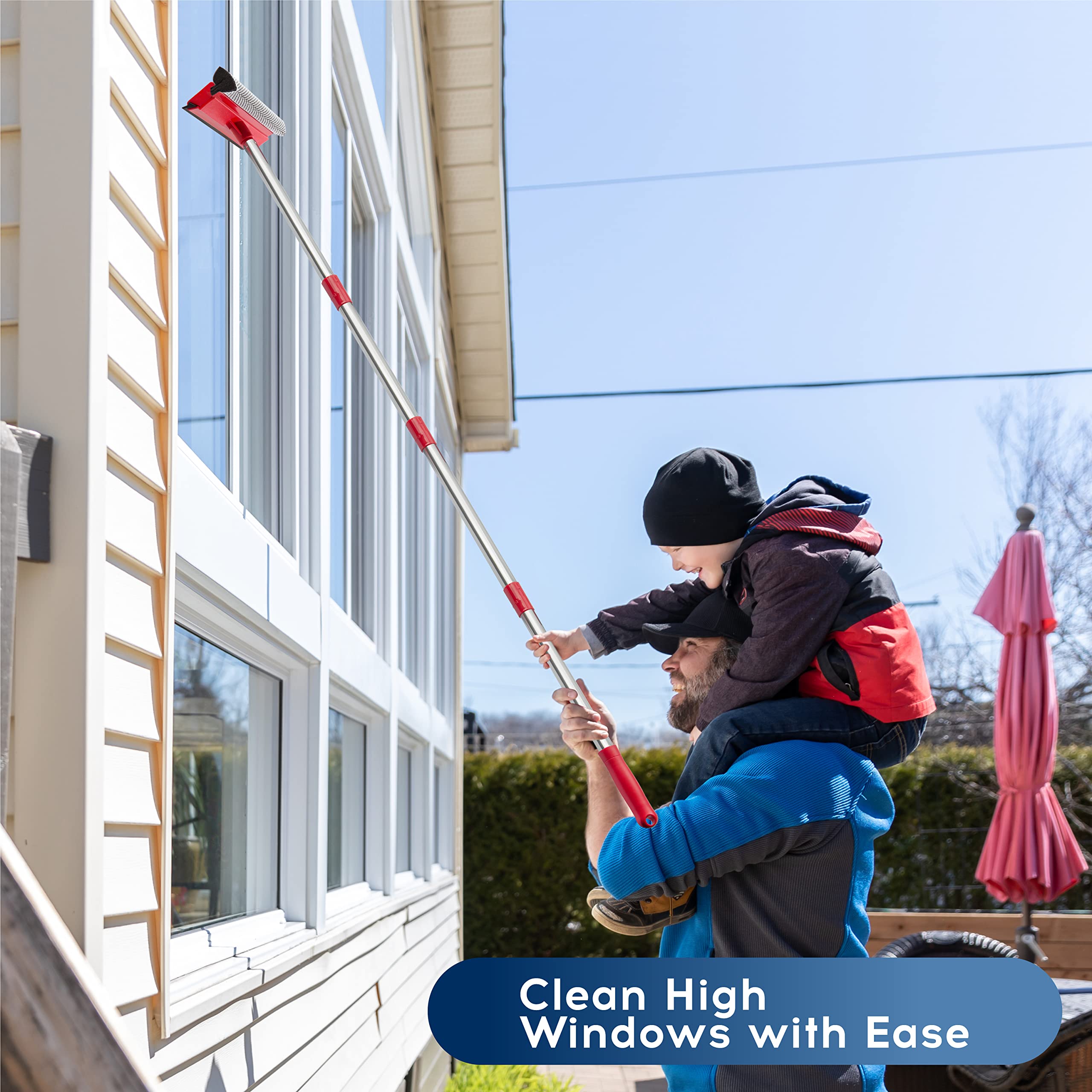 Window Squeegee, 2-in-1 Window Cleaner with 55" Extension Poles, Window Washing Kit, Glass Door Cleaner, Multi-Use Car Windshield Cleaning Tool with Long Handle for High Outdoor Indoor Windows
