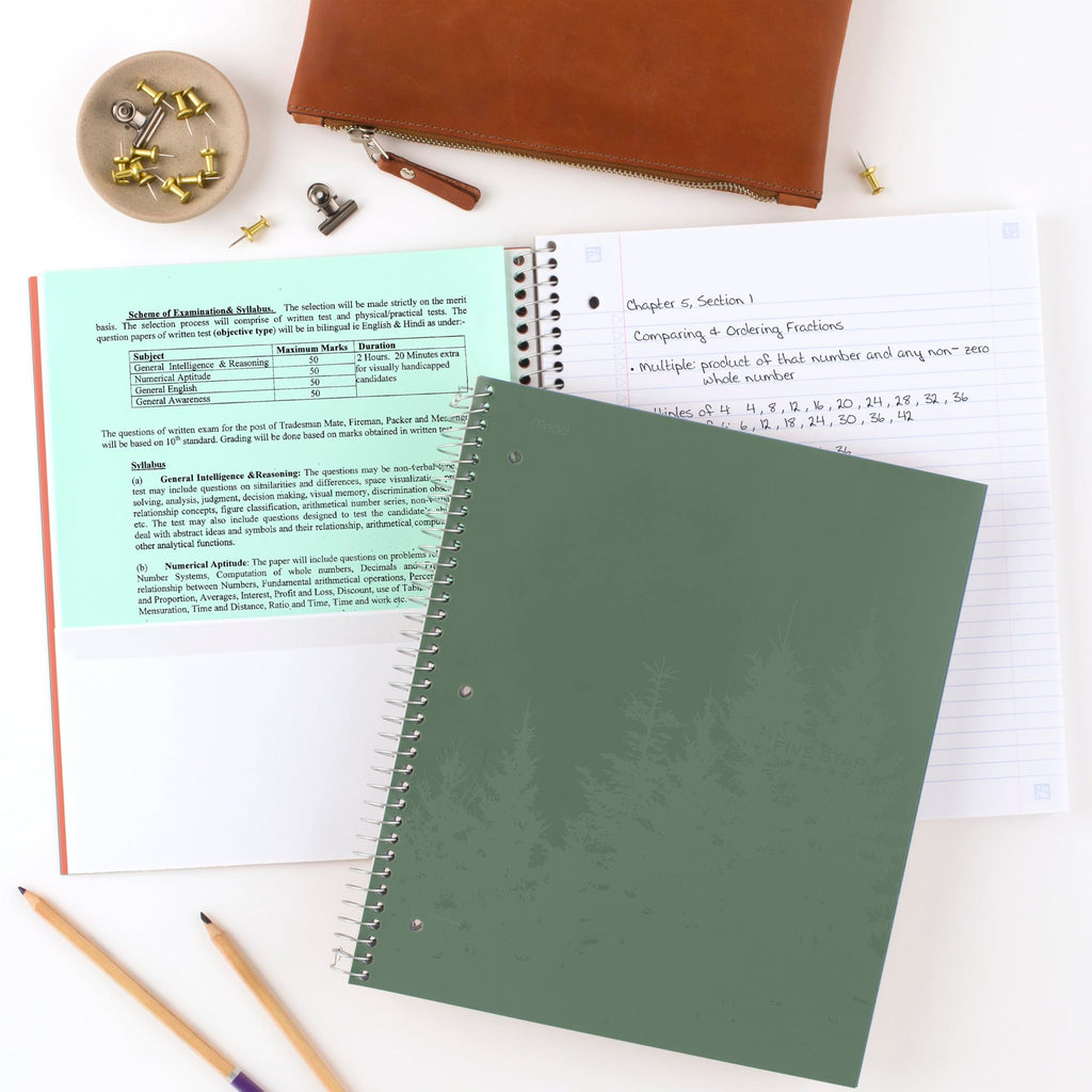 Five Star Spiral Notebooks + Study App, Recycled Cover, 4 Pack, 1 Subject, College Ruled Paper, 8-1/2” x 11", 100 Sheets per Notebook, Zion Clay, Olympic Green, Glacier Blue, Smoky Gray(820046)
