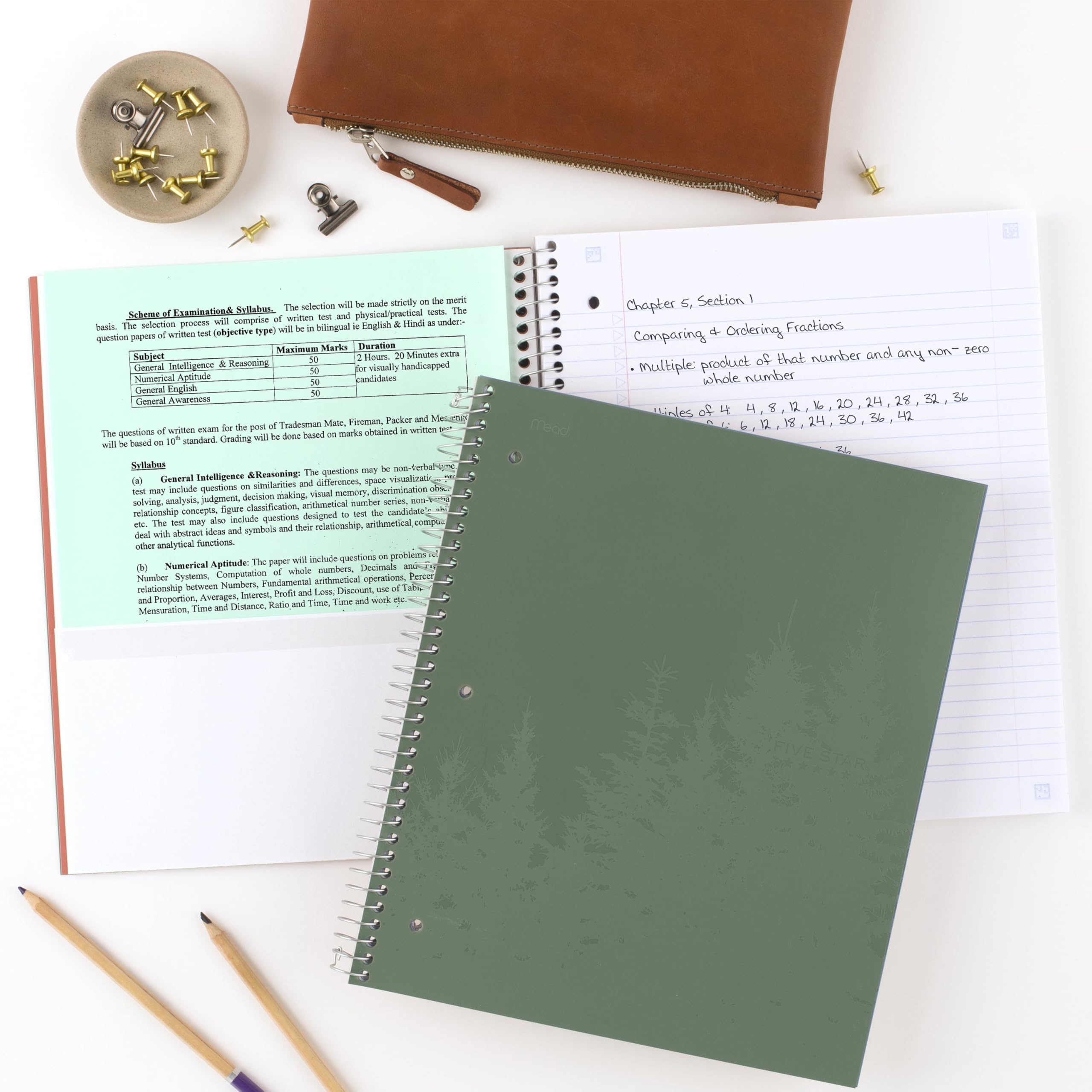 Five Star Spiral Notebooks + Study App, Recycled Cover, 4 Pack, 1 Subject, College Ruled Paper, 8-1/2” x 11", 100 Sheets per Notebook, Zion Clay, Olympic Green, Glacier Blue, Smoky Gray(820046)