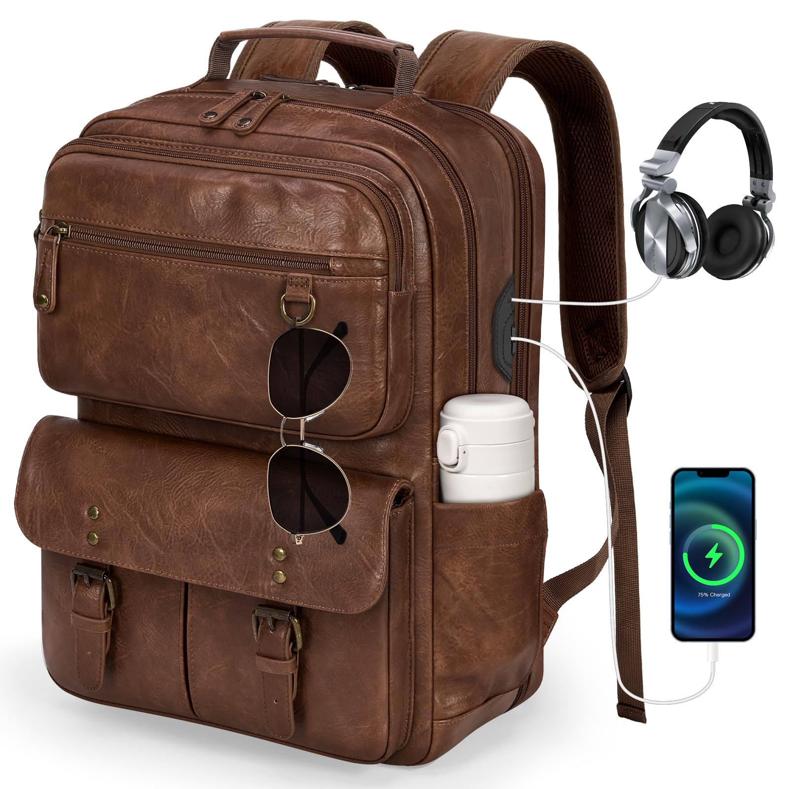 15.6 Inch Travel Laptop Backpack for Men Women, TSA Friendly Waterproof Business Computer Bag with USB Charging Port & Headphone Jack, Vintage PU Leather College School Bookbag for Work