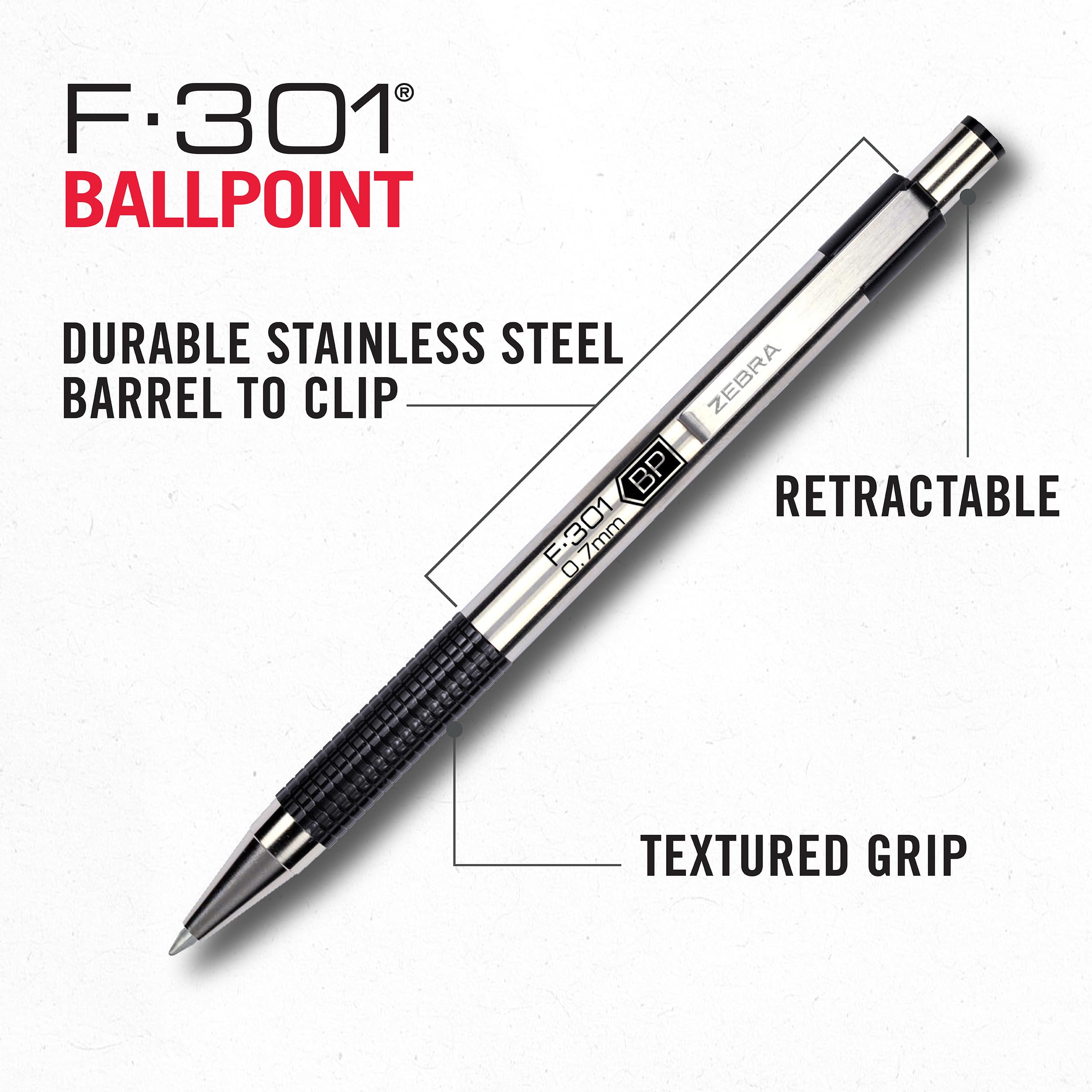 Zebra Pen F-301 Ballpoint Black Ink Fine Point 0.7mm Pen, Easy-Glide Ink, Stainless Steel Retractable, Non-Slip Grip, Professional Design, Ideal for Office, Journal and Planner Use, 12-Pack (27110)