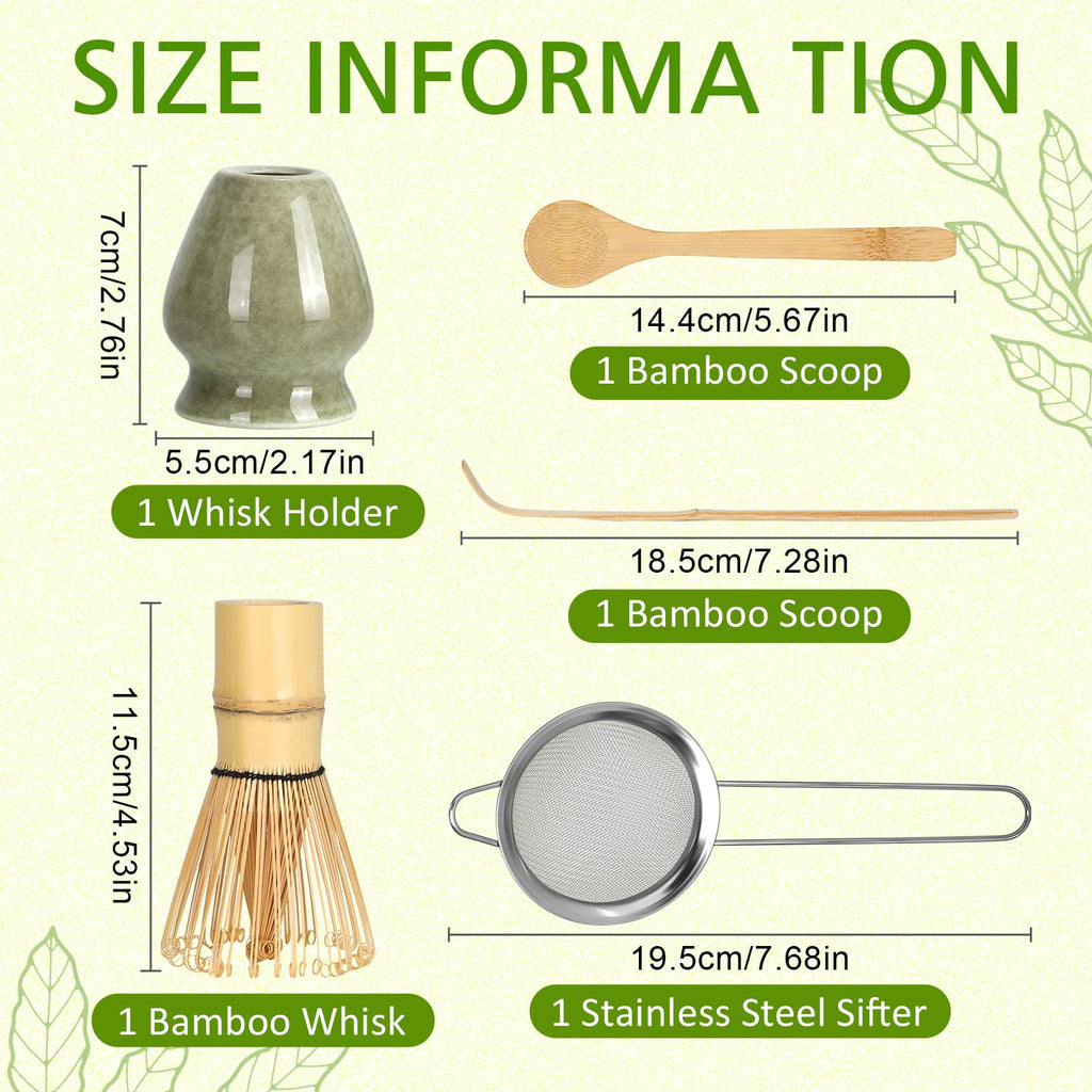 Matcha Whisk Set, 5 Pieces with Bamboo Matcha Whisk, Ceramic Chasen Holder, Powder Starter Sifter, Bamboo Scoop, Spoon, Matcha Tea Making Tools for Starter Matcha Lovers