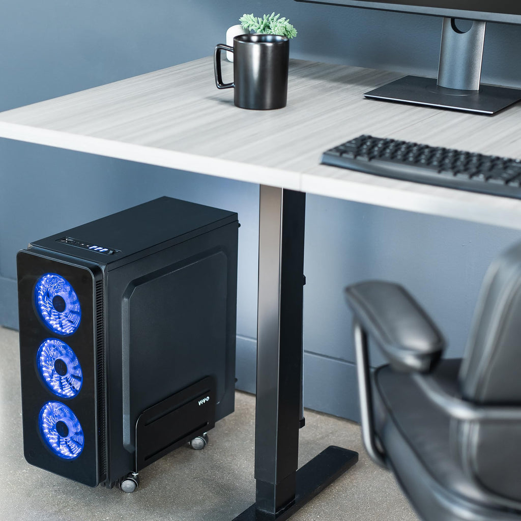 VIVO Black Computer Tower Desktop ATX-Case, CPU Steel Rolling Stand, Adjustable Mobile Cart Holder with Locking Caster Wheels (CART-PC01)