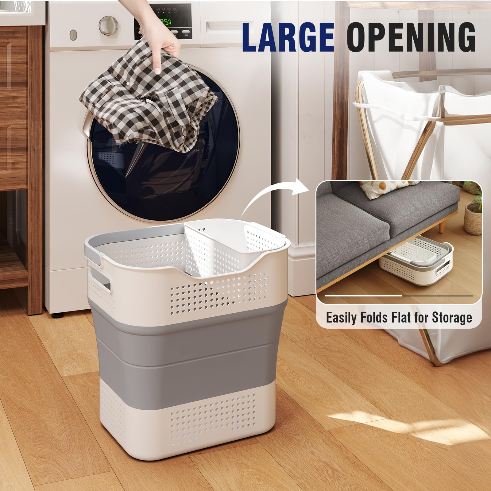 TECHMILLY Collapsible Laundry Basket, Plastic Laundry Hamper with Comfortable Handles and Hanging Basket for Washing & Storage, Pop Up Dirty Clothes Hamper for Bedroom, Bathroom and Closet, 35L, Grey