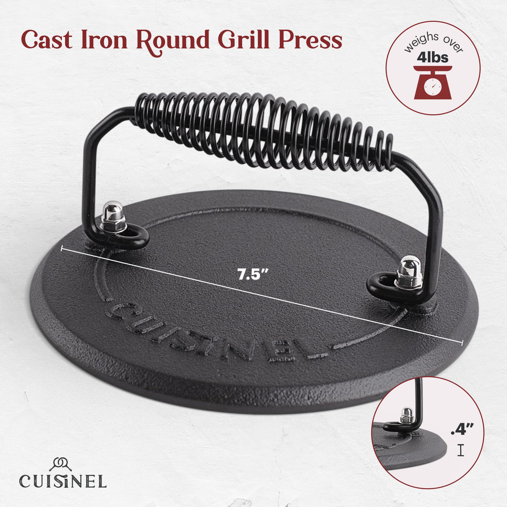 Grill Press - Cast Iron Burger Press for Bacon, Steak and Smashed Hamburgers - 7.5"-inch Diameter Round Pre-Seasoned Heavy Duty 4-lb. Weight Sandwich and Panini Maker - Griddle, BBQ Grill Accessory