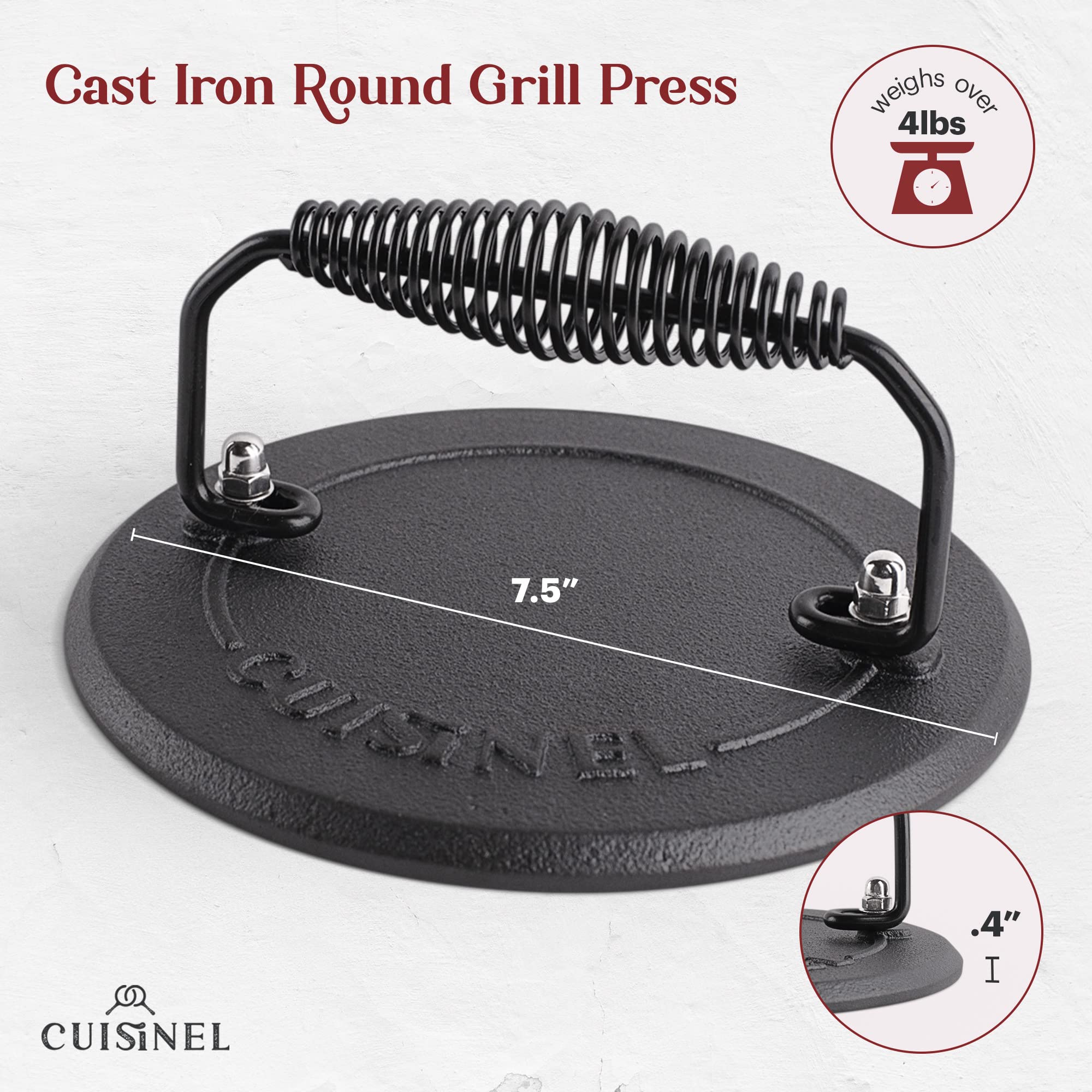 Grill Press - Cast Iron Burger Press for Bacon, Steak and Smashed Hamburgers - 7.5"-inch Diameter Round Pre-Seasoned Heavy Duty 4-lb. Weight Sandwich and Panini Maker - Griddle, BBQ Grill Accessory