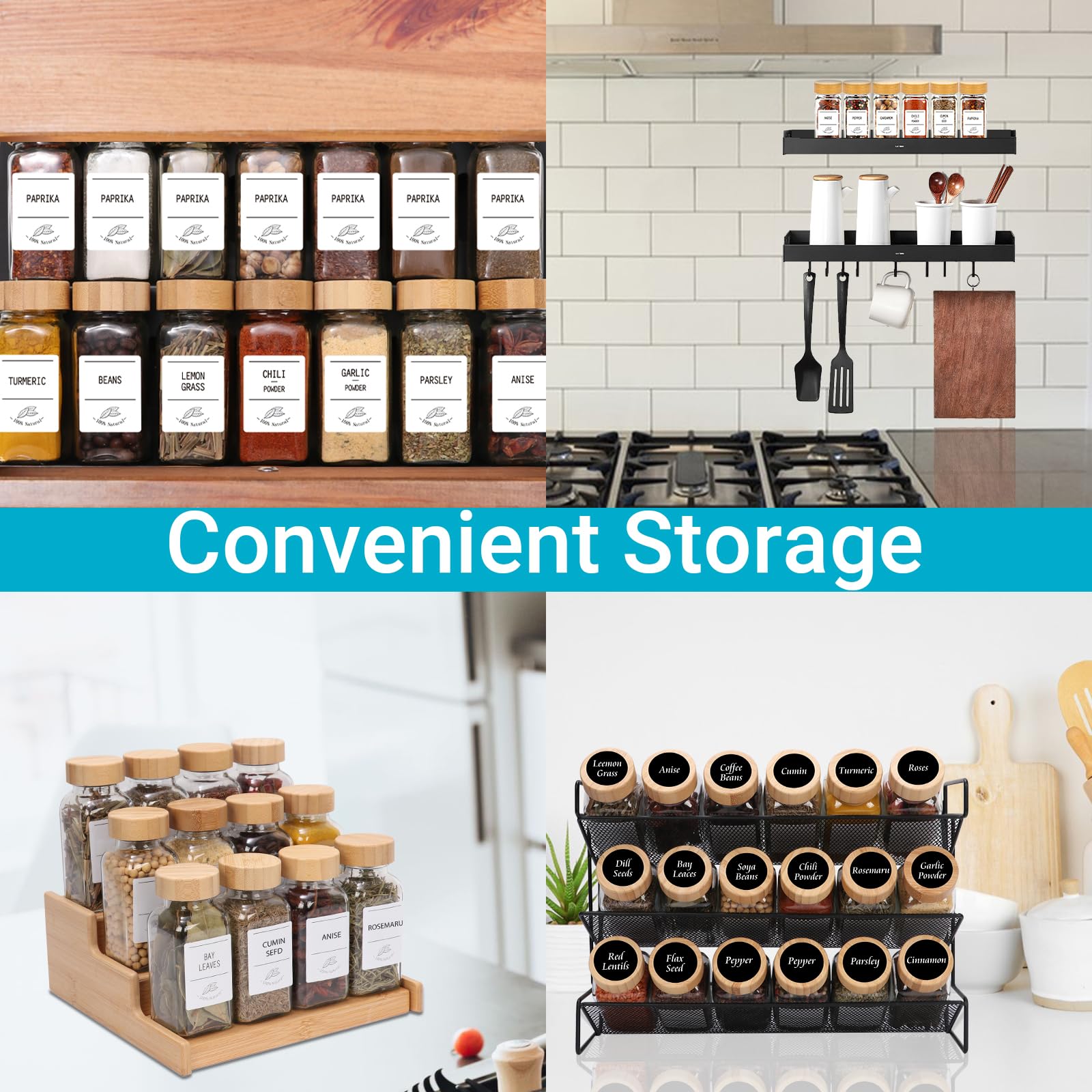 16 Pack 4oz Glass Spice Jars with Bamboo Lids,Clear Square Spice Containers Bottles with Shaker Lids,120 Spice Labels,1 Funnel and 1 Brush for Kitchen Storage