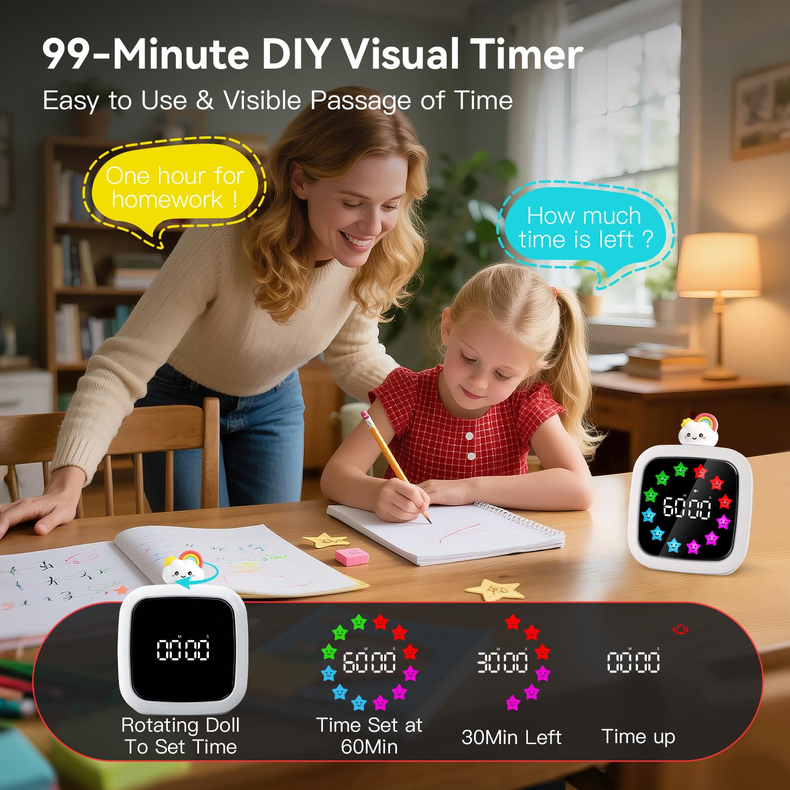 Yunbaoit Digital Visual Timer for Kids, Rechargeable 99-Minute Silent Countdown Timer with 19 Ringtones, 9 Optional DIY Color Star Display, Time Management Tool with Pause Function (Rainbow)